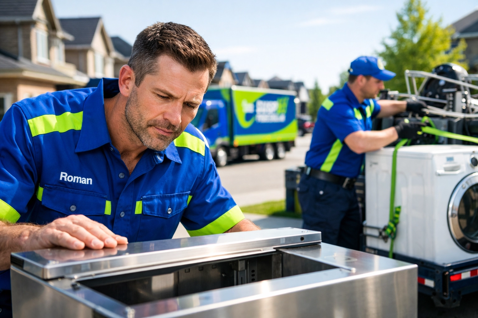 Junk GTA team removing a washing machine for eco-friendly appliance recycling in a Vaughan residential neighborhood.