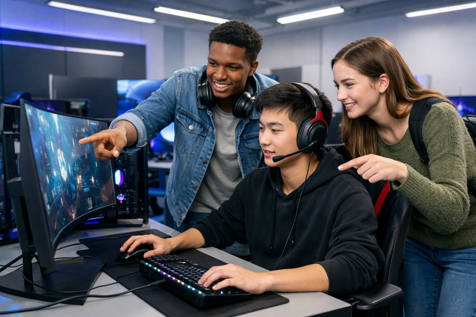 Students in a state-of-the-art esports pod engaging in collaborative brand-sponsored learning.