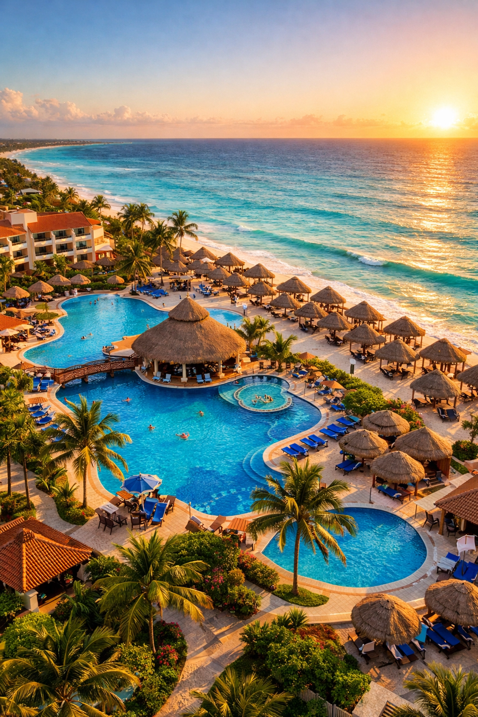 Aerial view of all-inclusive resort in Riviera Maya Mexico with pools and beach