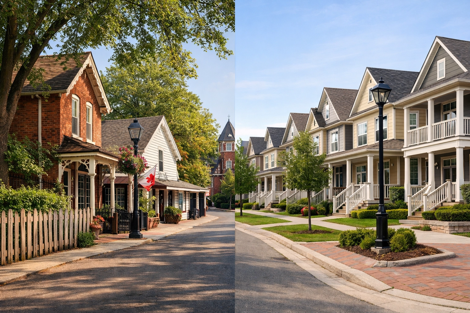 Neighbourhood comparison view highlighting Unionville heritage architecture and Cornell Village modern New Urbanism in Markham