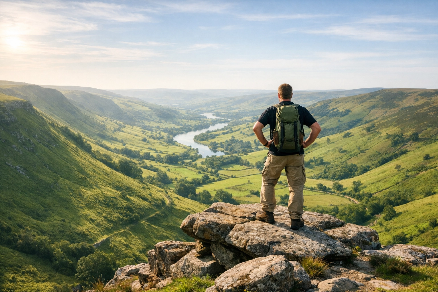 A solo hiker enjoying the freedom of the Peak District on a guided hiking tour in the UK.