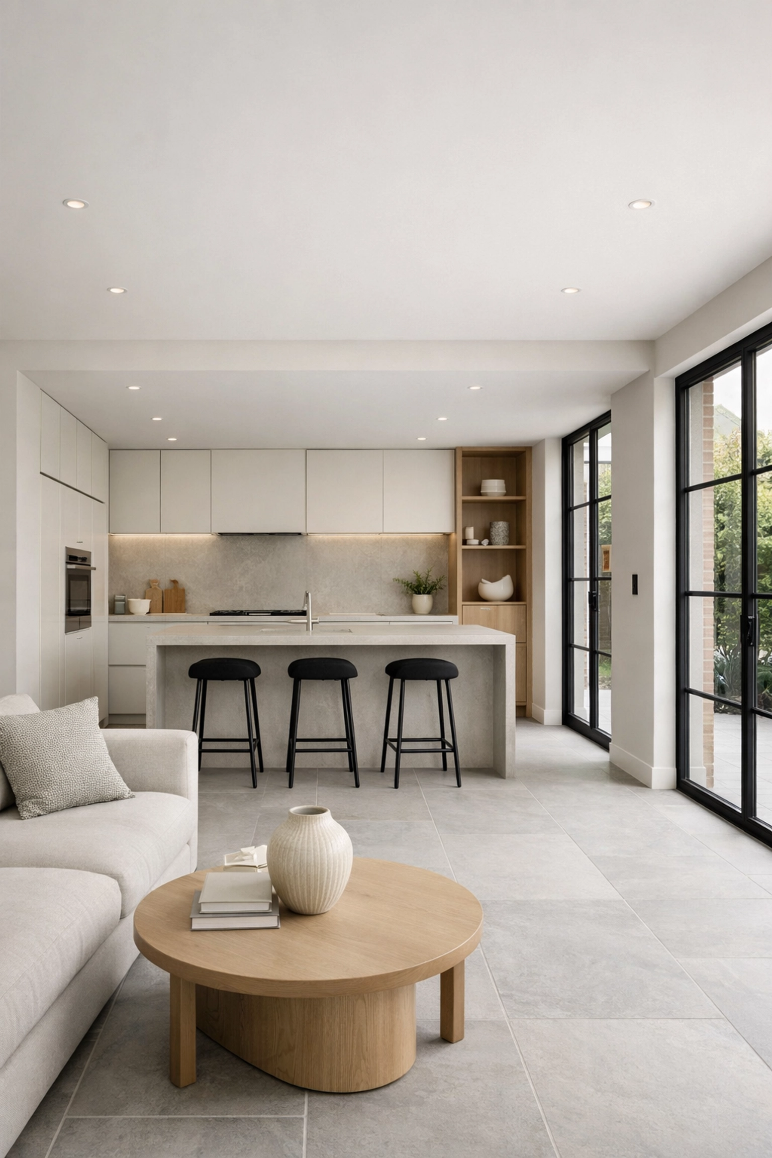 Modern kitchen renovation in London with integrated structural steel for seamless open-plan living.