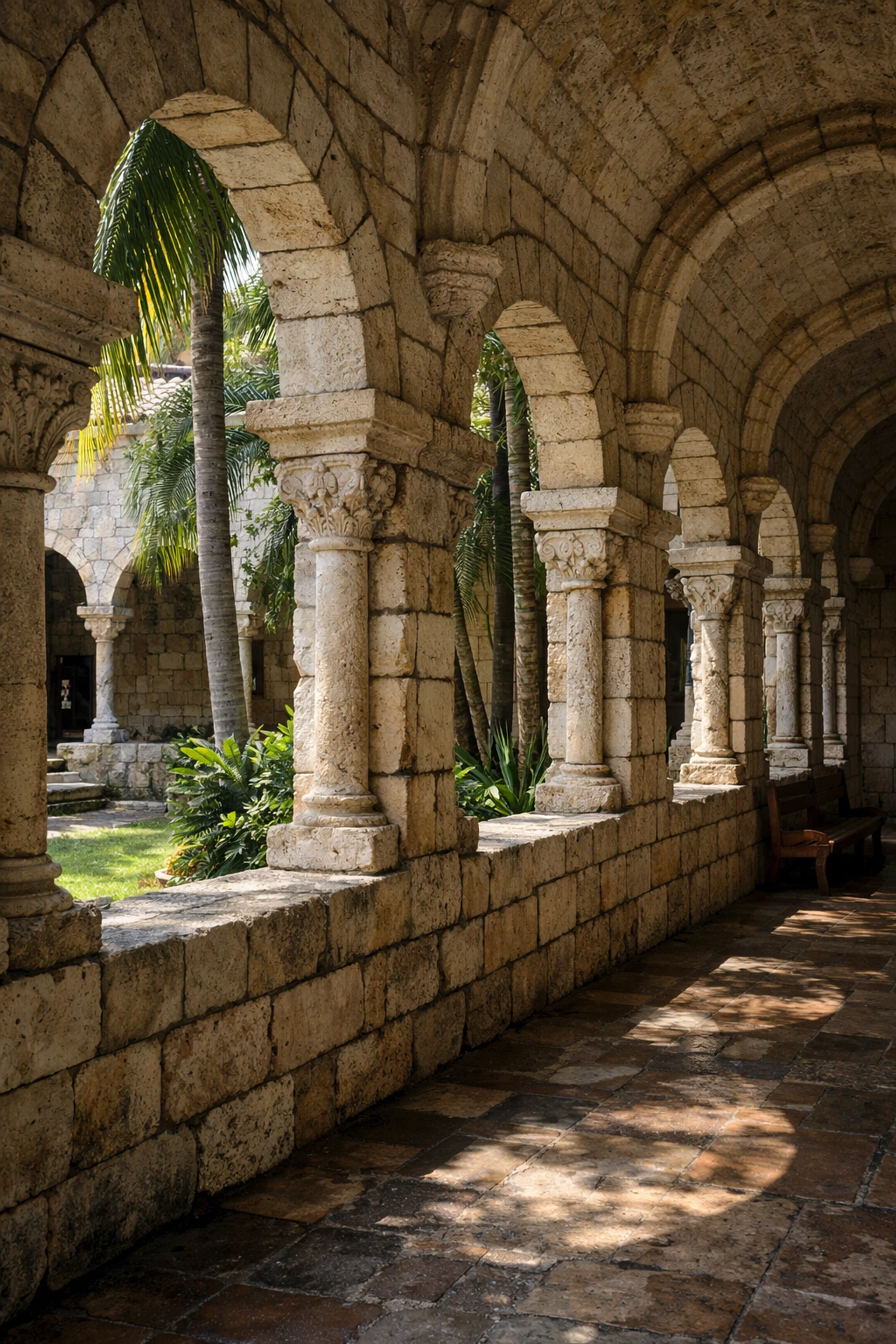 Intricate stone cloisters and arches at the Ancient Spanish Monastery in North Miami Beach.