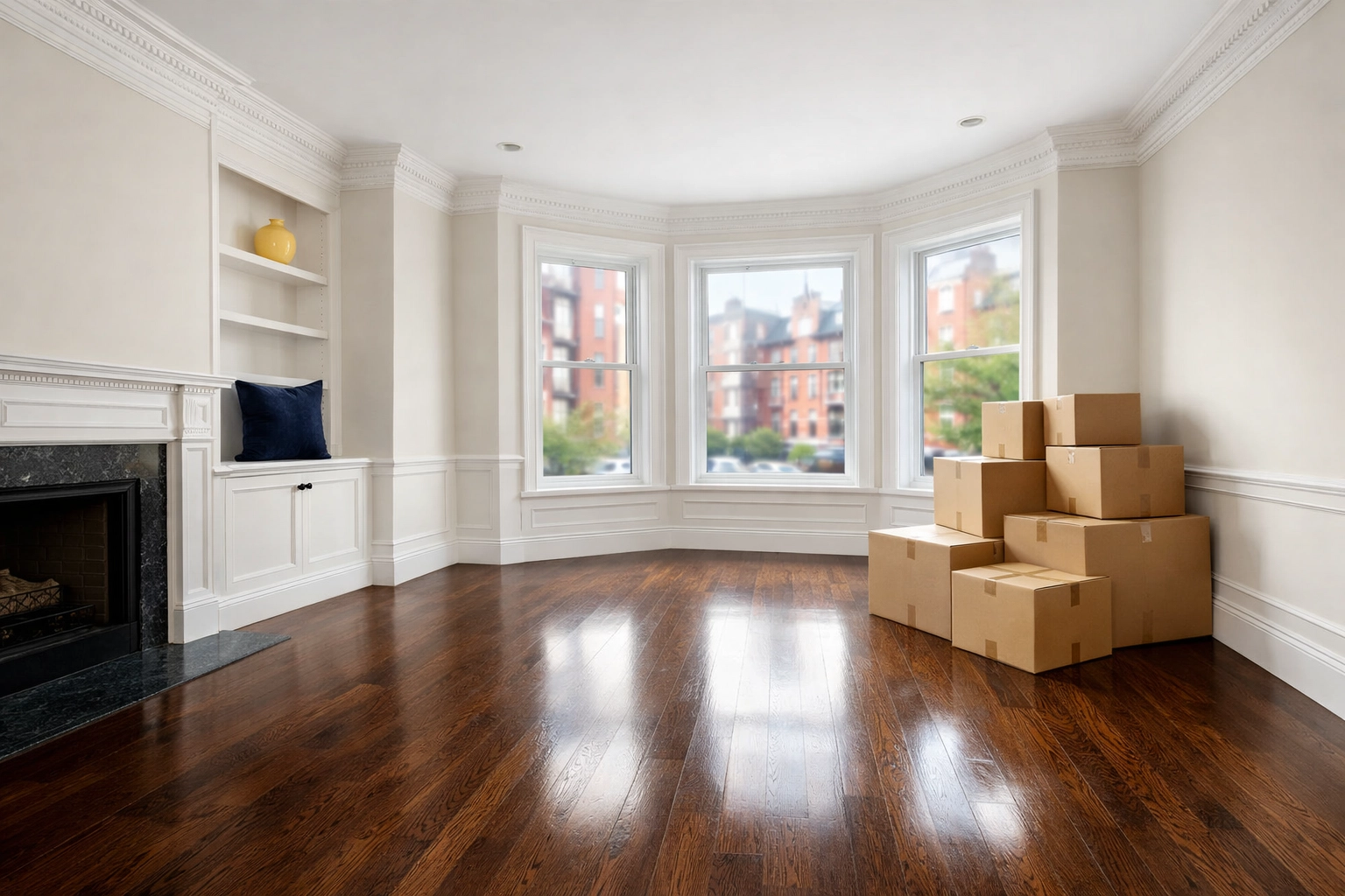 Clean empty Boston brownstone living room ready for move-in move-out cleaning services.