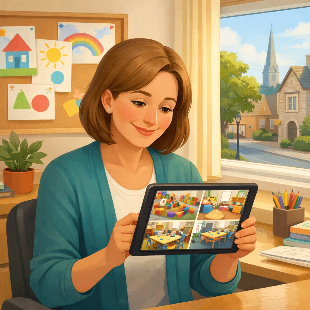 Nursery manager using a tablet to monitor high-definition CCTV feeds of a classroom for enhanced nursery security.