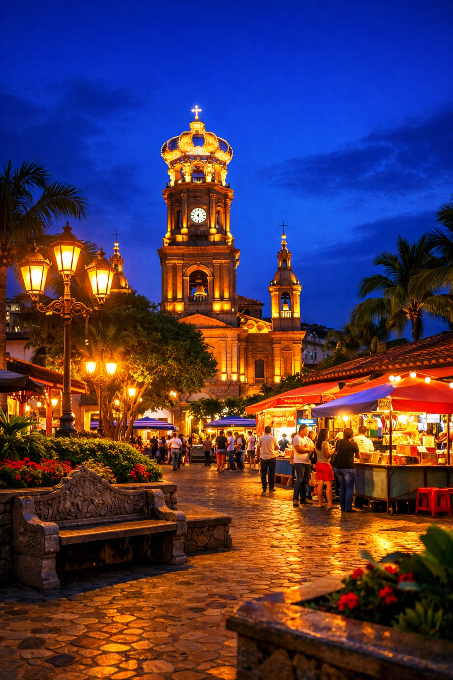 Evening view of Plaza de Armas in Old Town Puerto Vallarta with the iconic church crown.