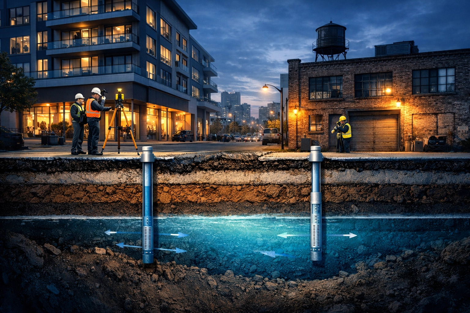 Cross-section view of NYC property showing subsurface soil layers and groundwater monitoring wells