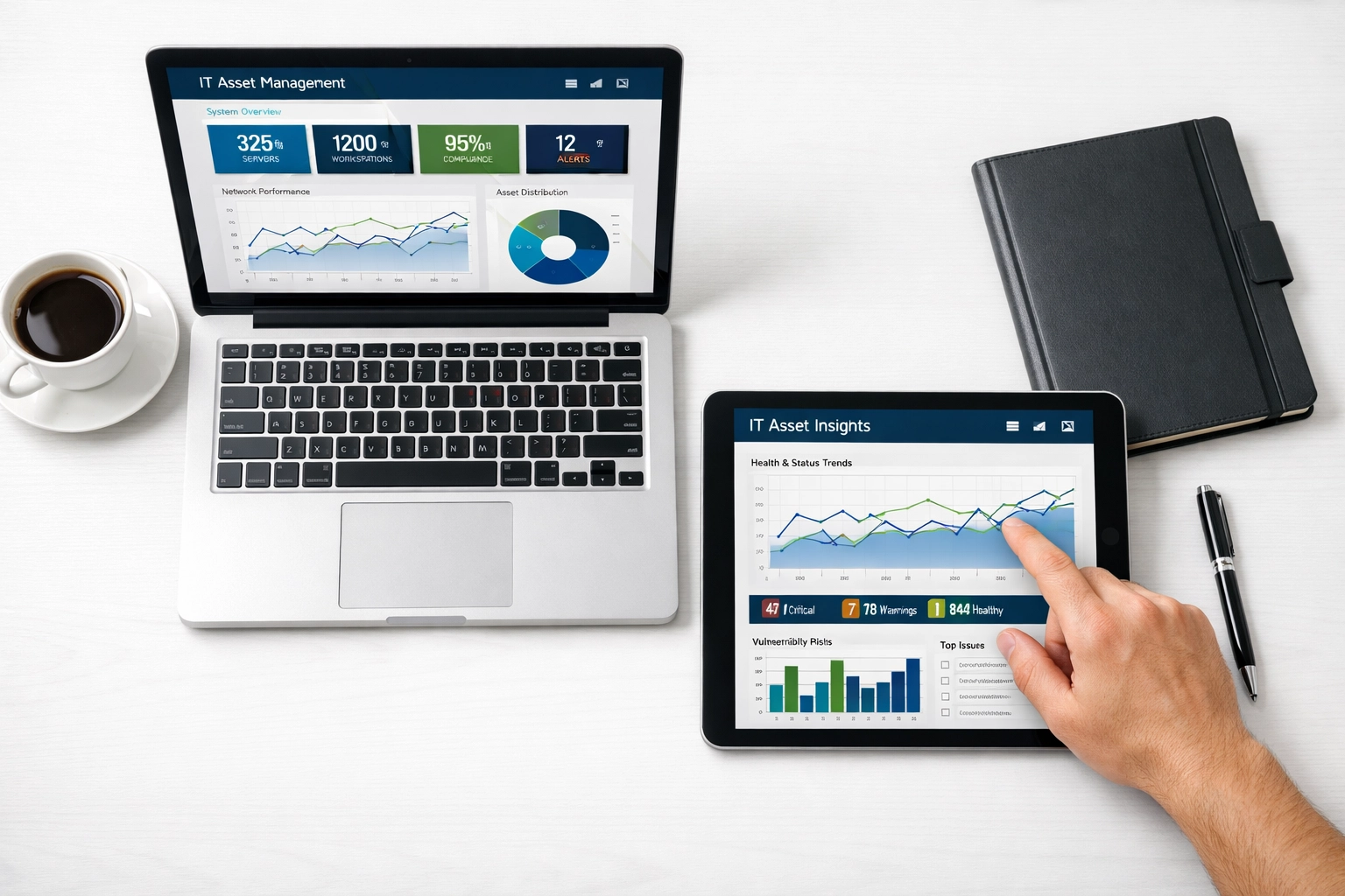 Modern workstation displaying ServiceNow ITOM and ITAM dashboards for optimized asset management visibility.