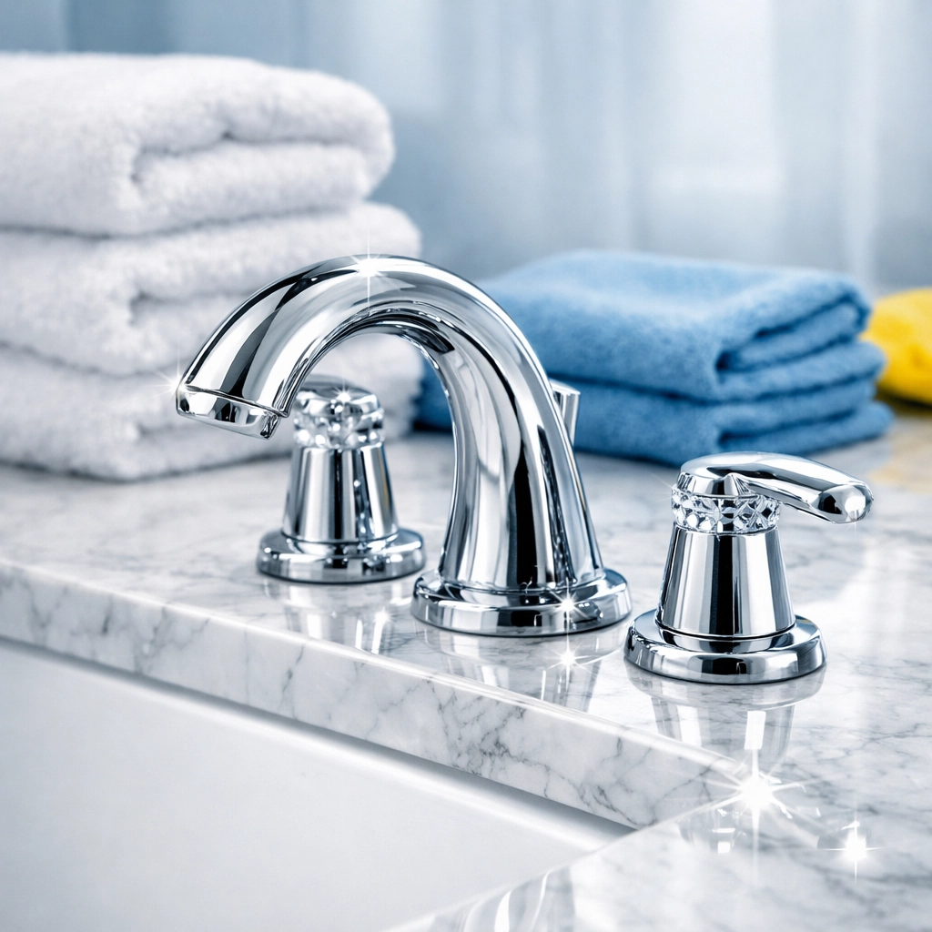 Close-up of a sparkling clean marble vanity following a Seamless Move-Out Cleaning Seaport Boston.