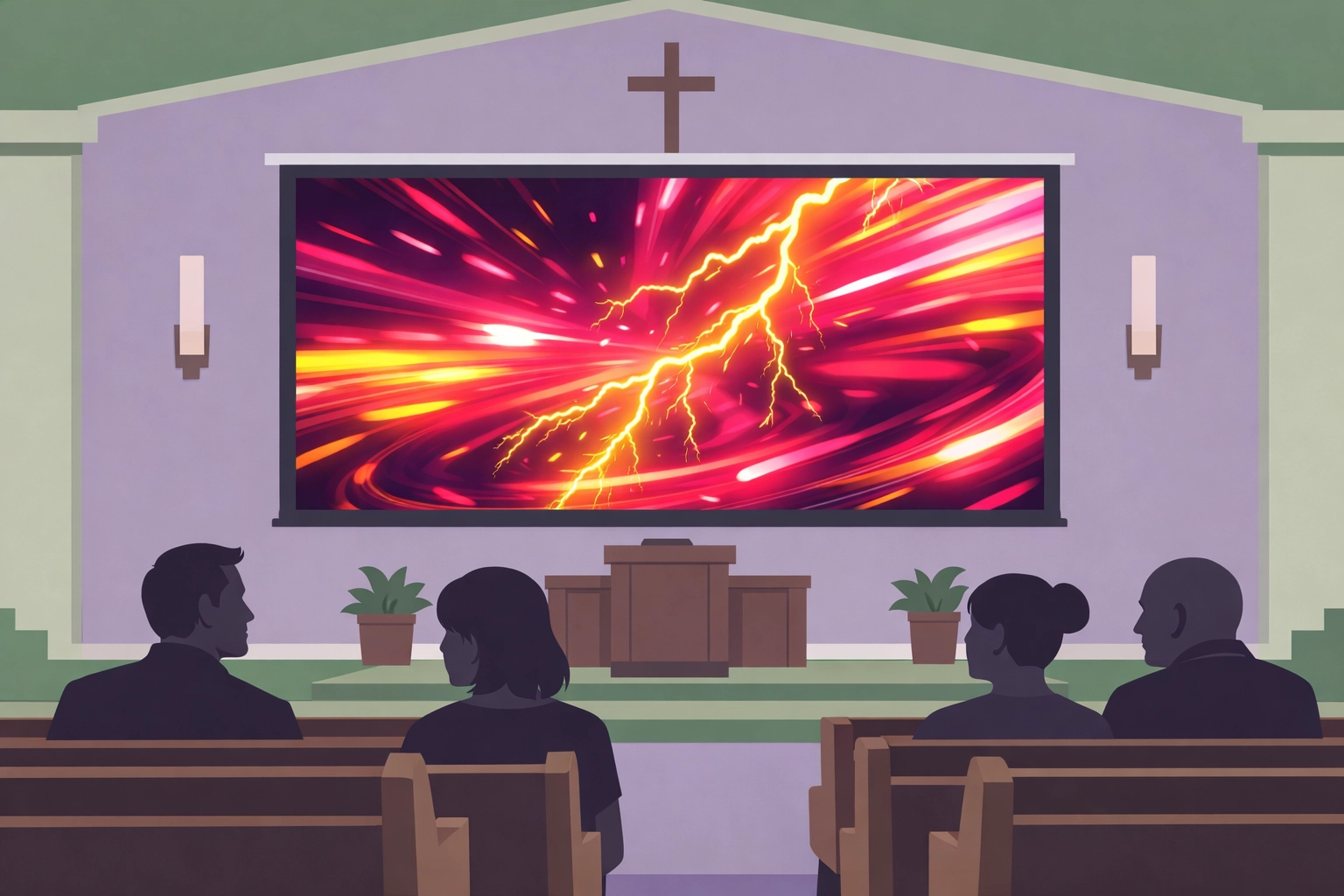 Distracting worship background on projection screen overwhelming congregation in church sanctuary