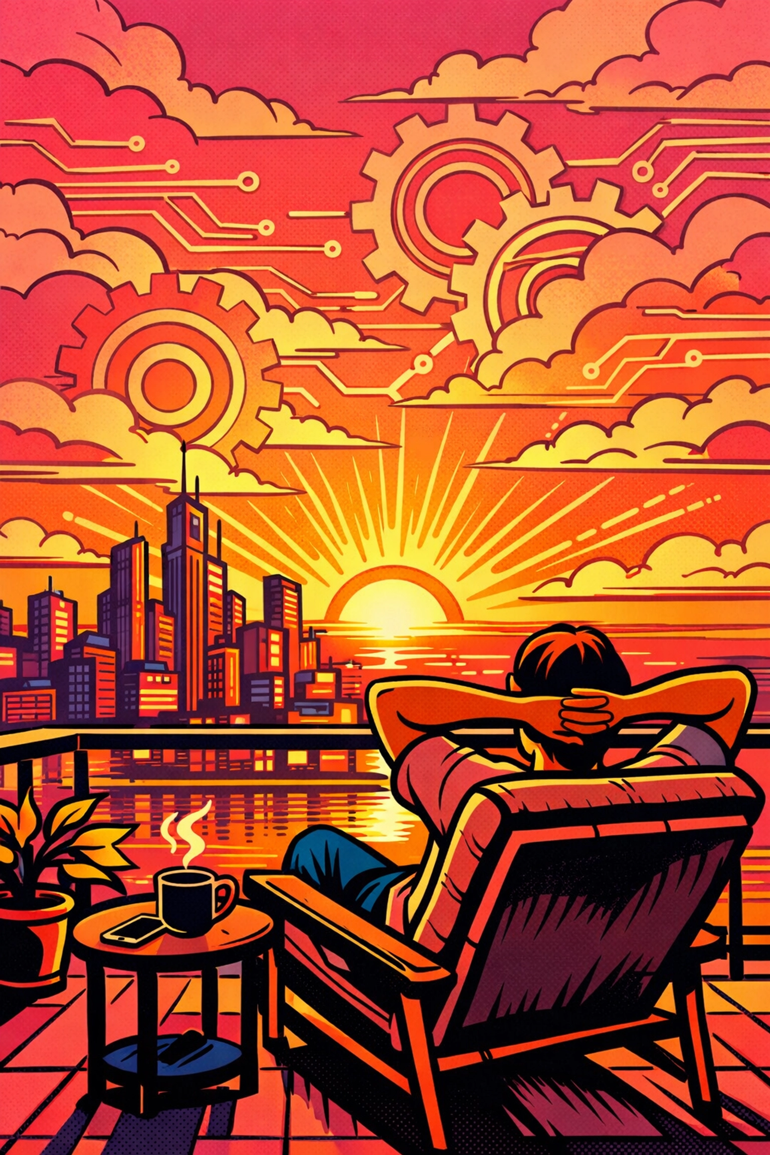 Solopreneur enjoying freedom while AI business automation manages their daily operations.