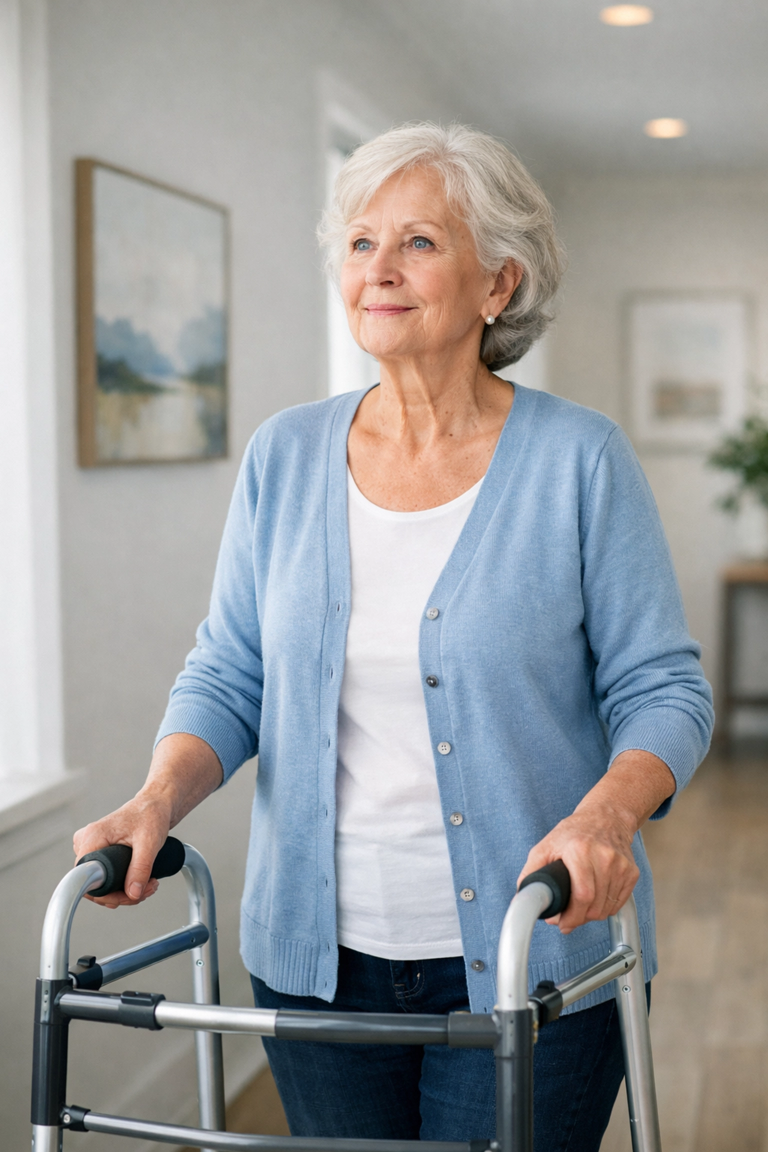 Senior woman maintaining upright posture and looking forward while safely using a mobility walker.