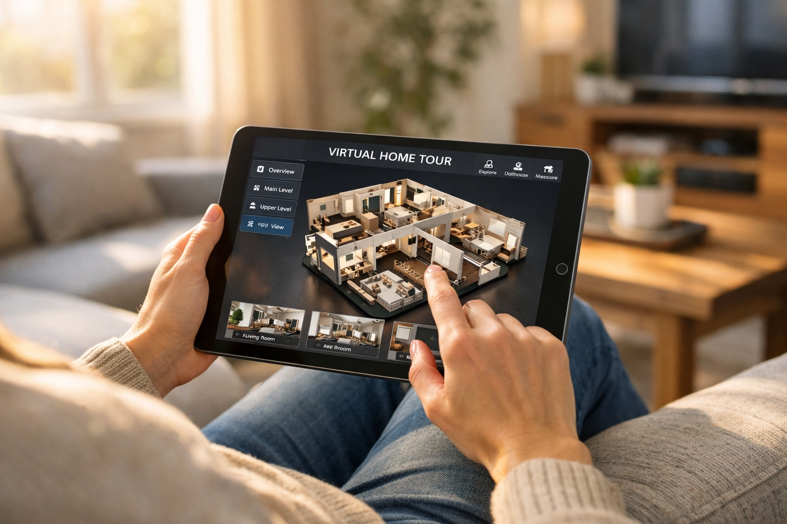 Home buyer using tablet to navigate interactive 3D virtual tour from living room