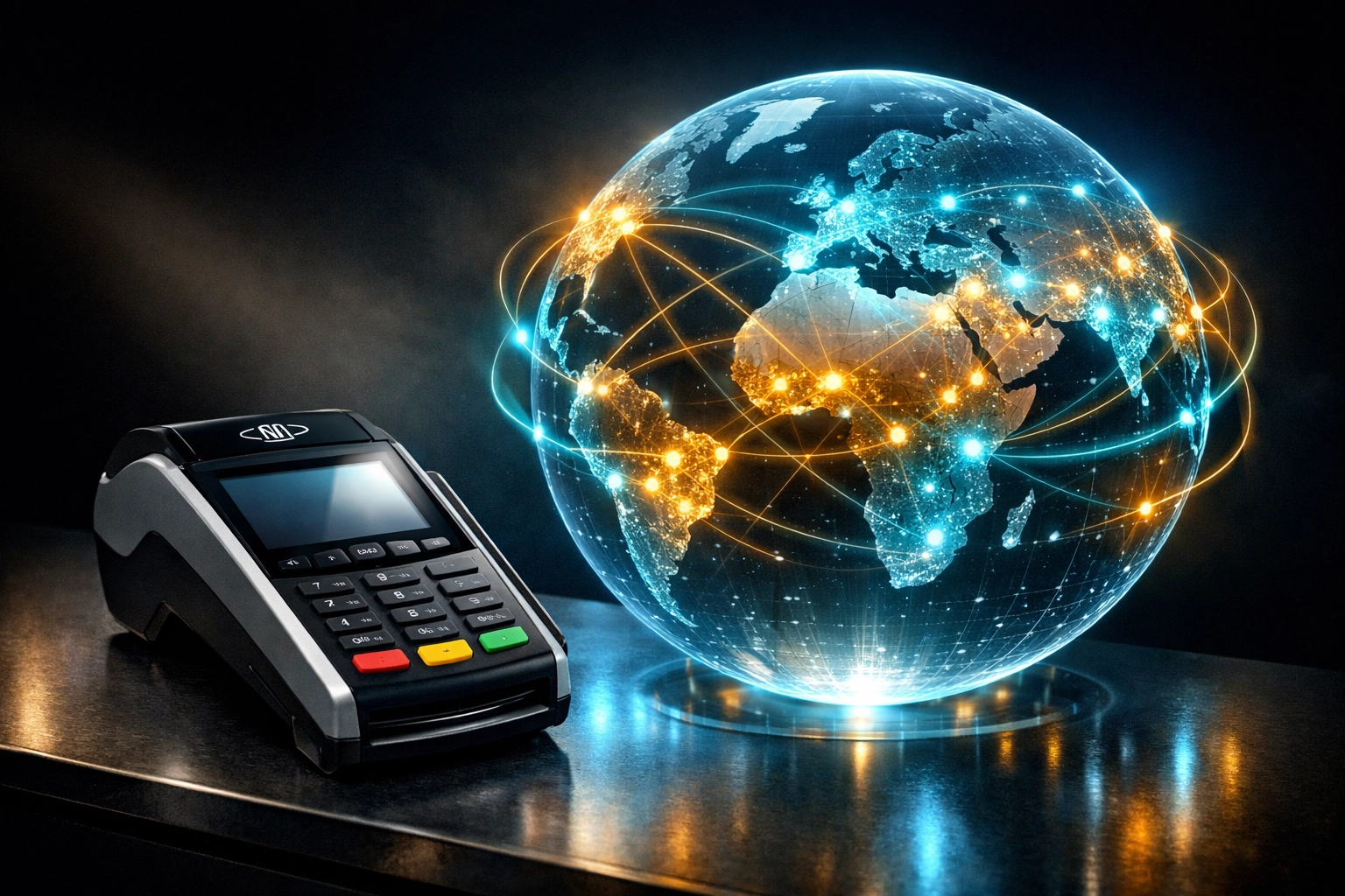 Global Web3 payment terminal connecting merchants across multiple continents borderless