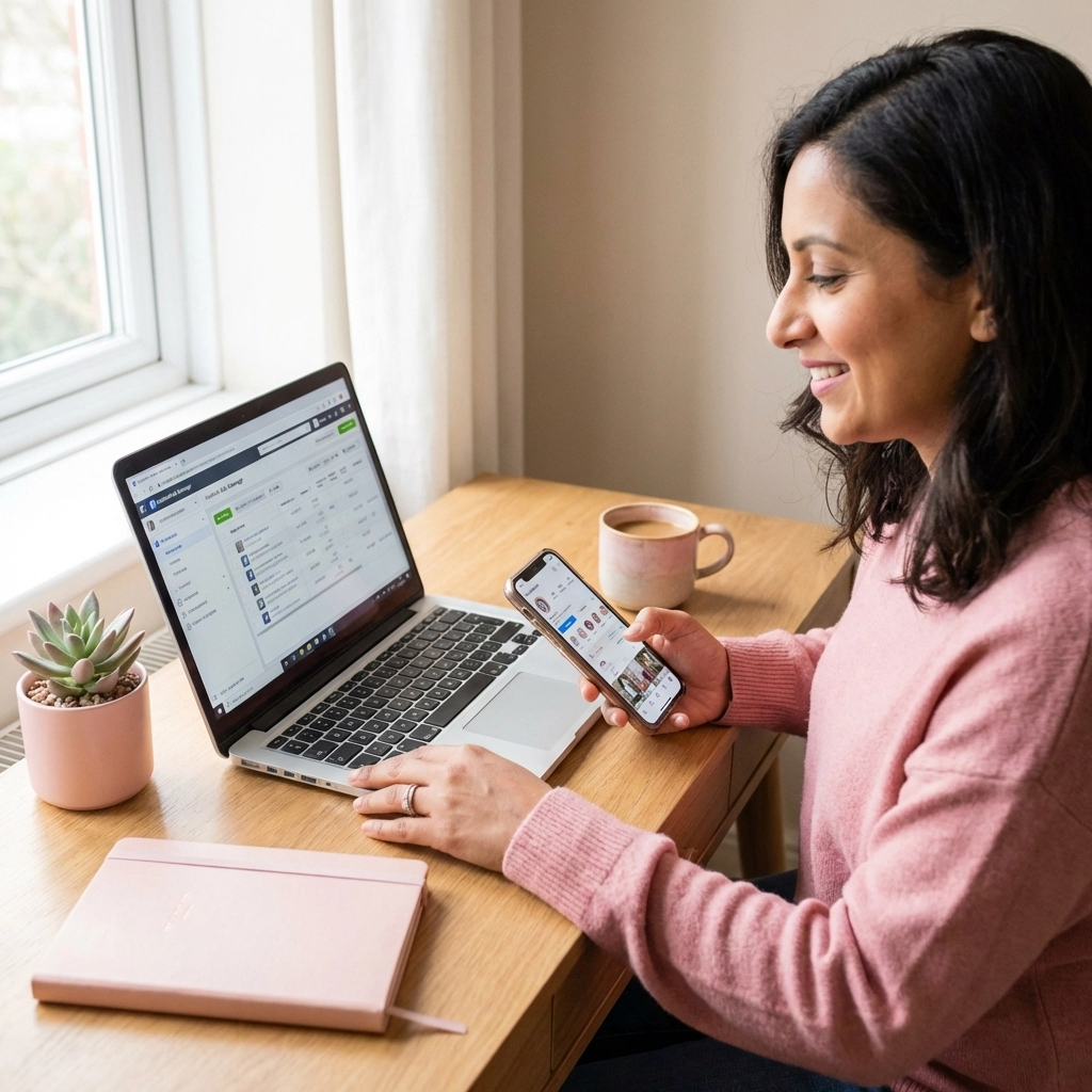 Small business owner deciding between Facebook Groups and Pages at a bright, welcoming workspace