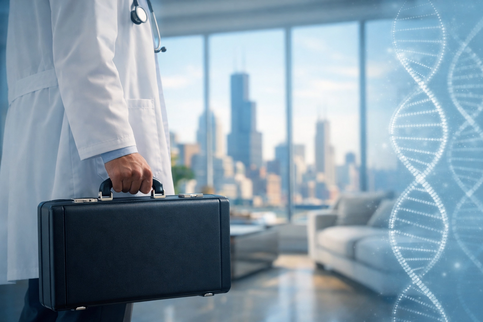 Professional healthcare provider arriving for a mobile DNA test in a Chicago apartment.