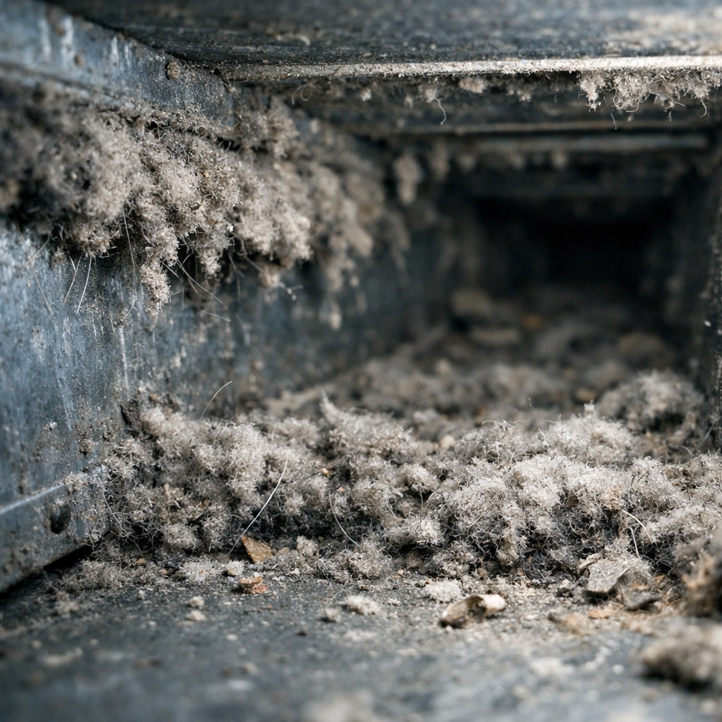 Dirty air duct interior filled with dust, pet hair, and debris buildup