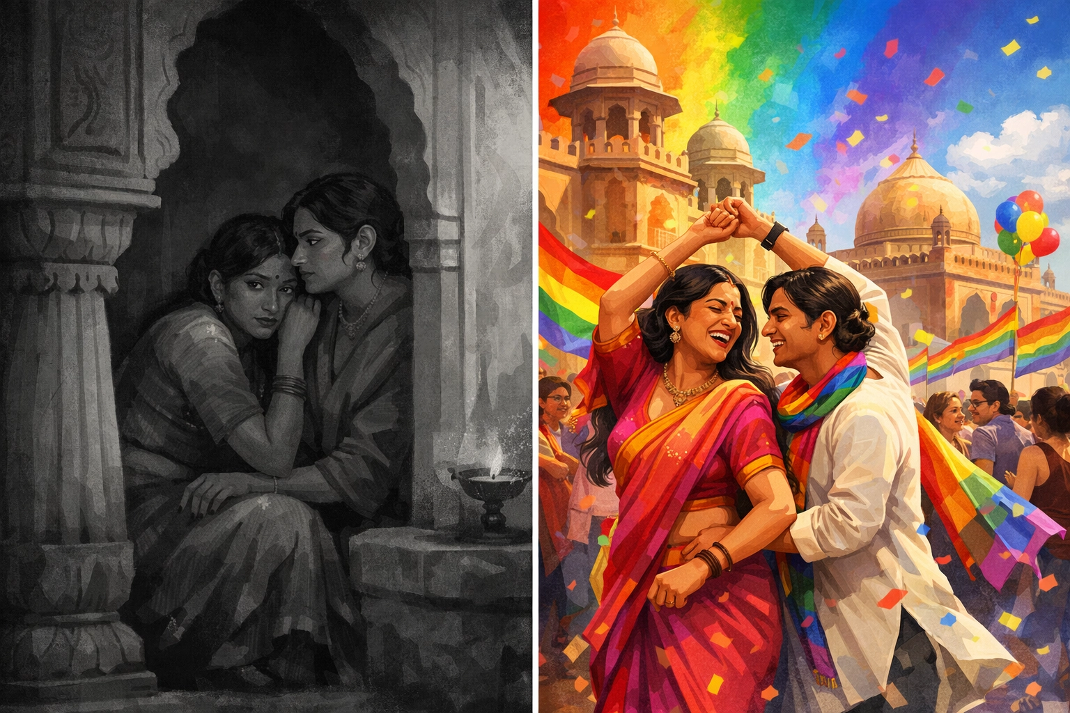 Contrast of Indian queer couple hiding in shadows versus celebrating openly at Pride parade