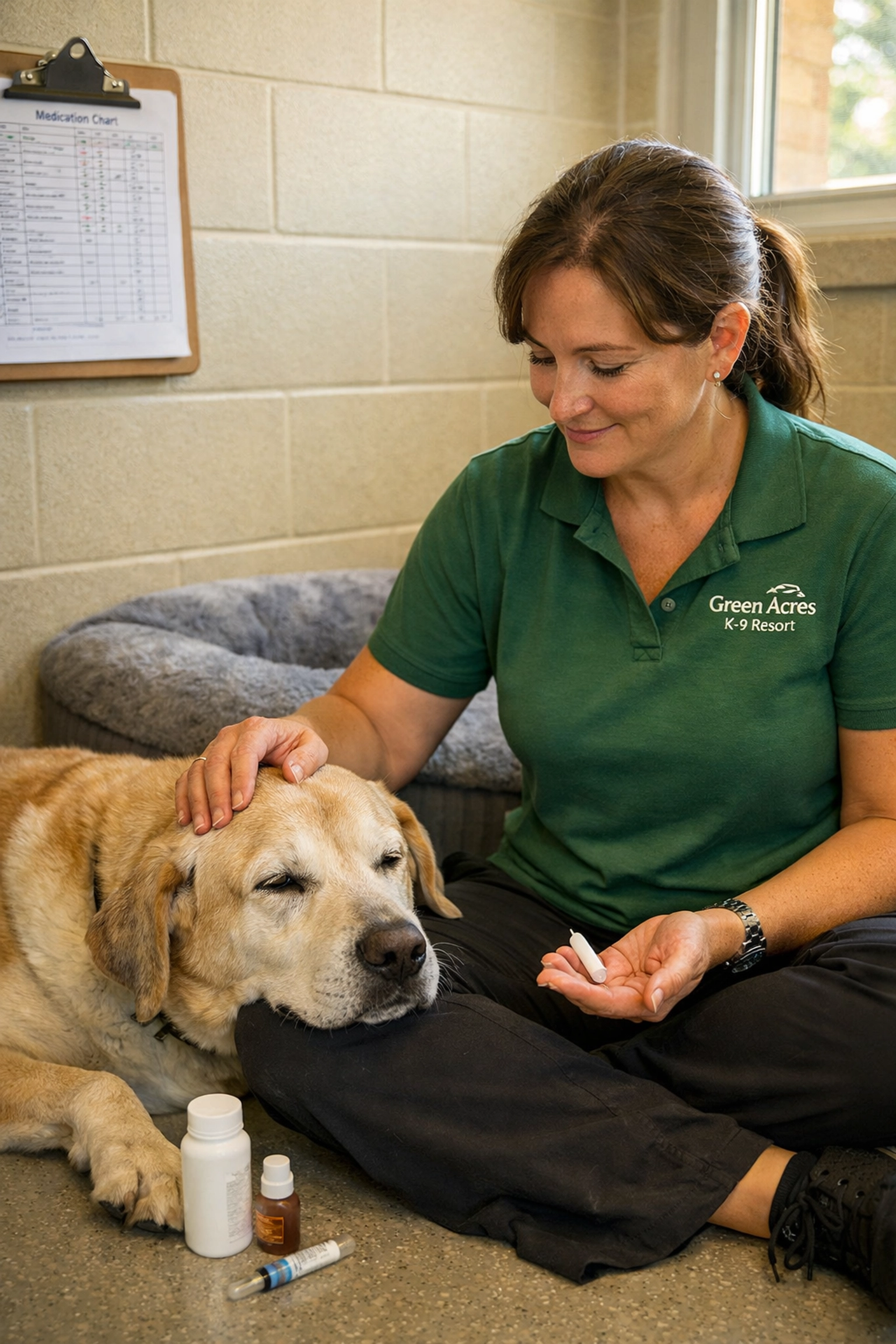 Staff providing specialized medical boarding and medication care for a senior dog in Boring, Oregon.