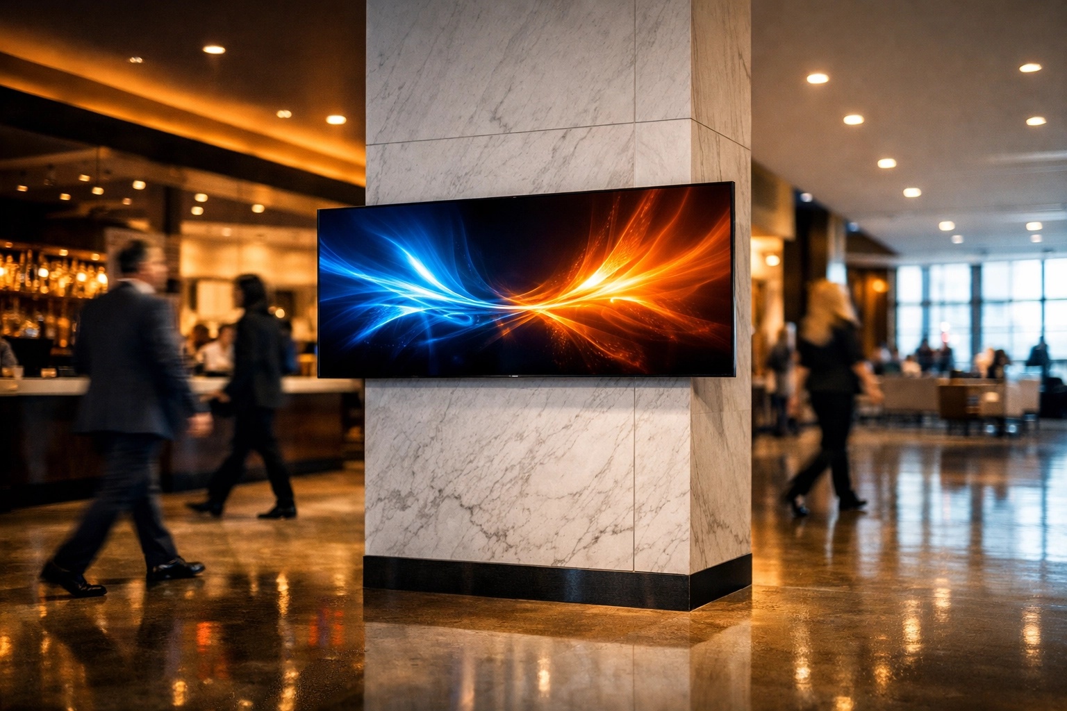 Strategically placed digital signage in a busy entertainment venue lobby to maximize guest engagement.