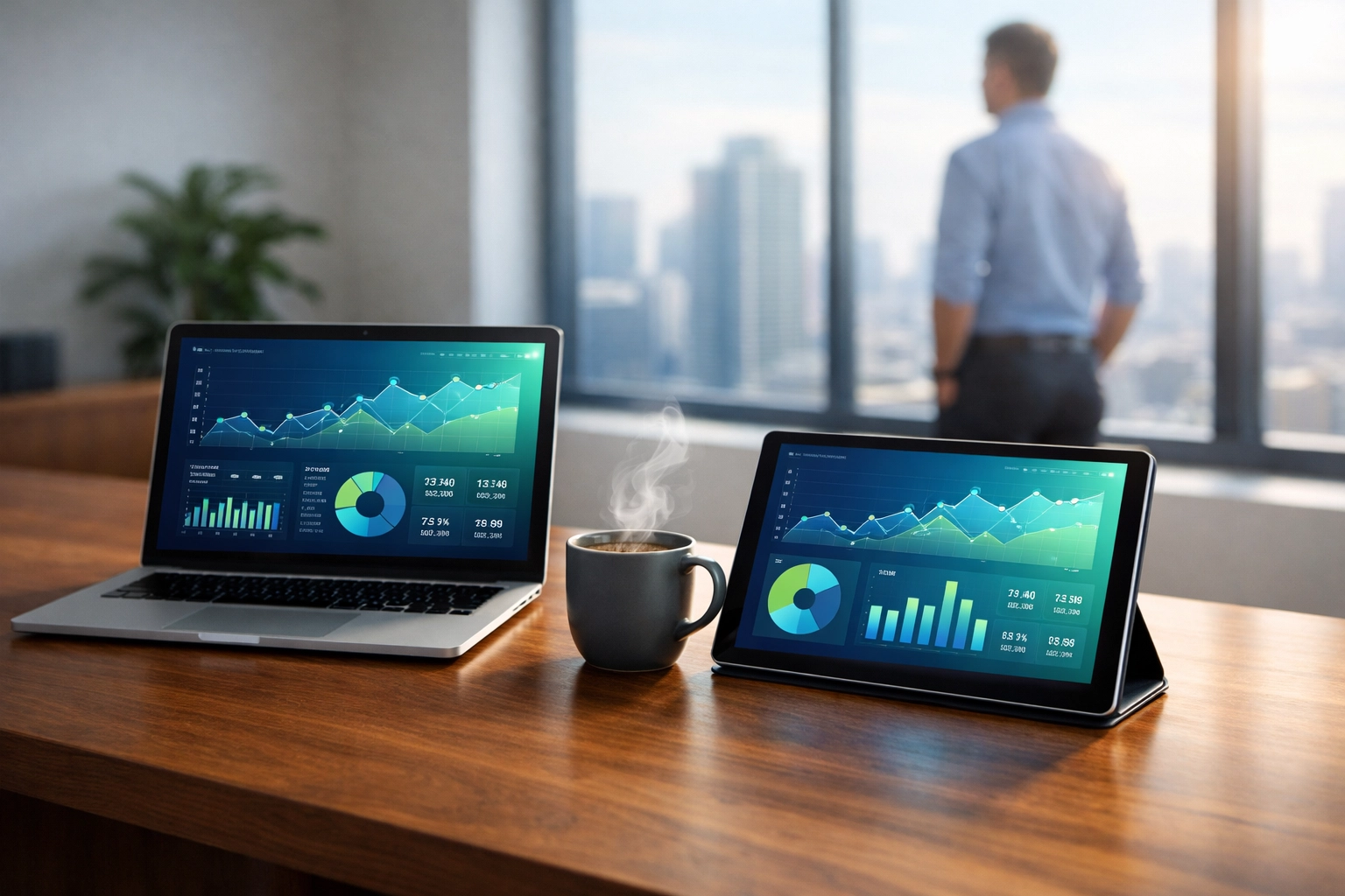 Modern minimalist CPA office featuring an AI-driven financial dashboard on a tablet.