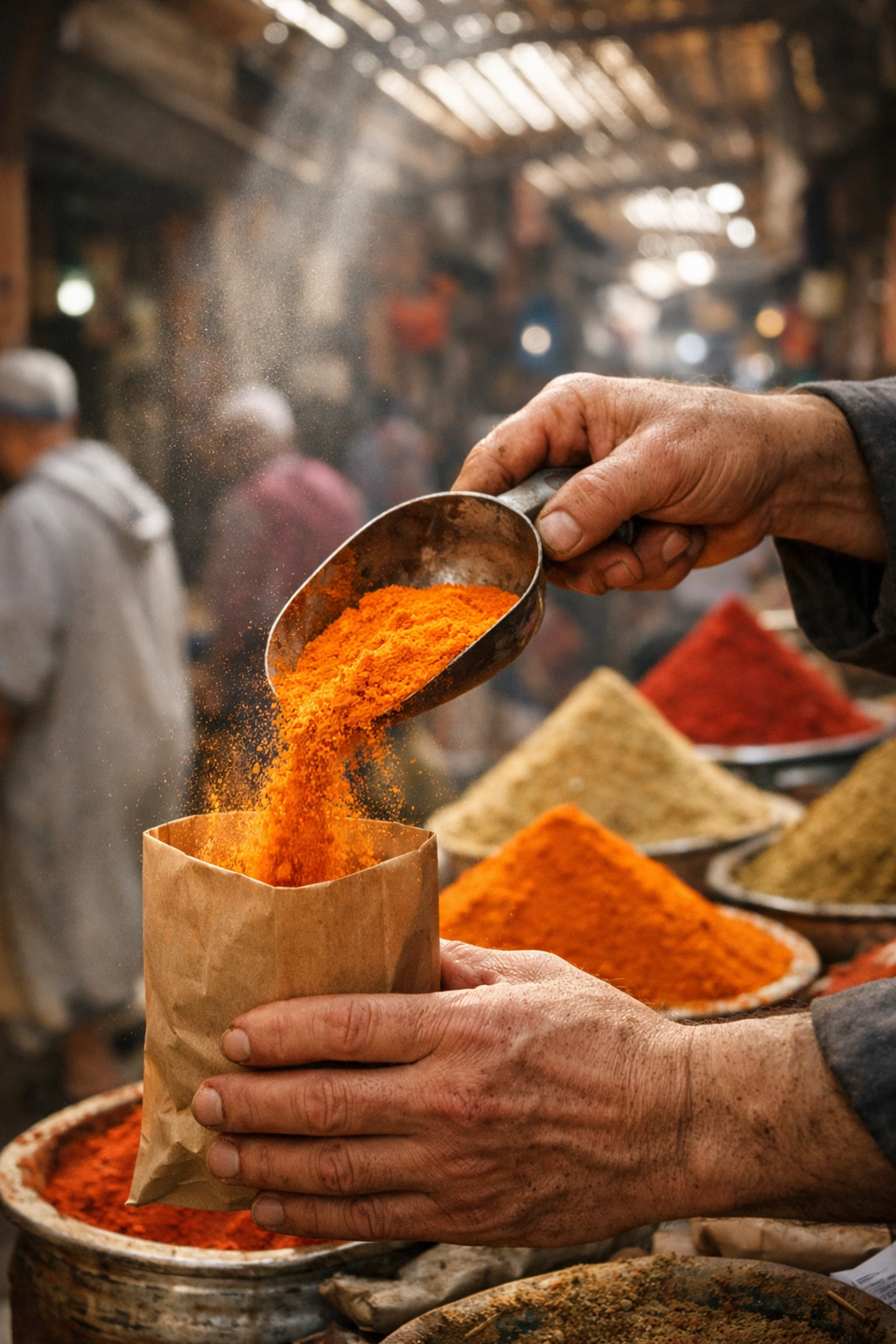 Candid shot of a spice merchant in Marrakech, capturing authentic moments and travel photography tips.