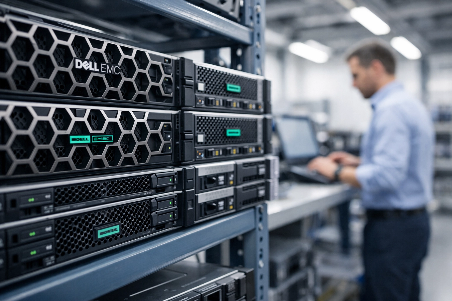 Dell PowerEdge and HPE ProLiant enterprise servers organised and ready for immediate dispatch.