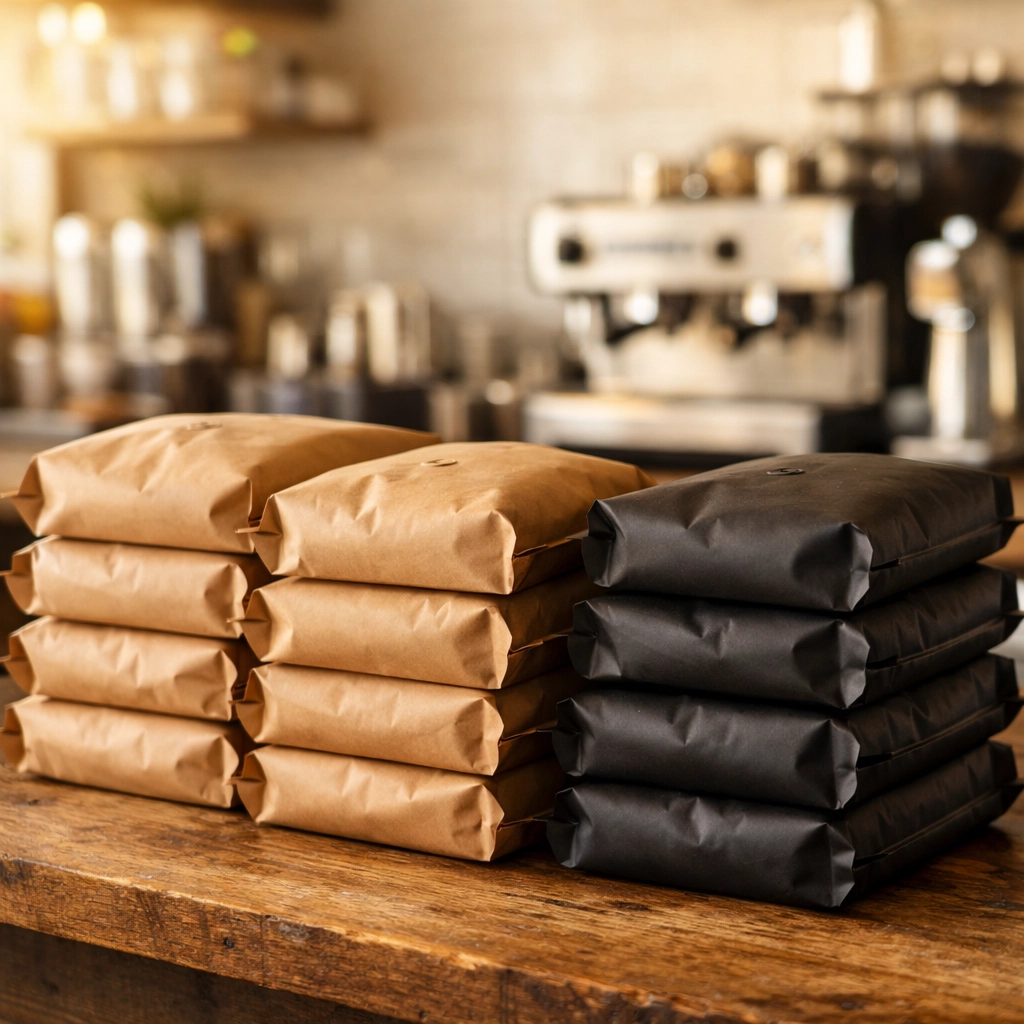 Stacked bags of fresh wholesale coffee beans on a café counter, ready for professional coffee service.