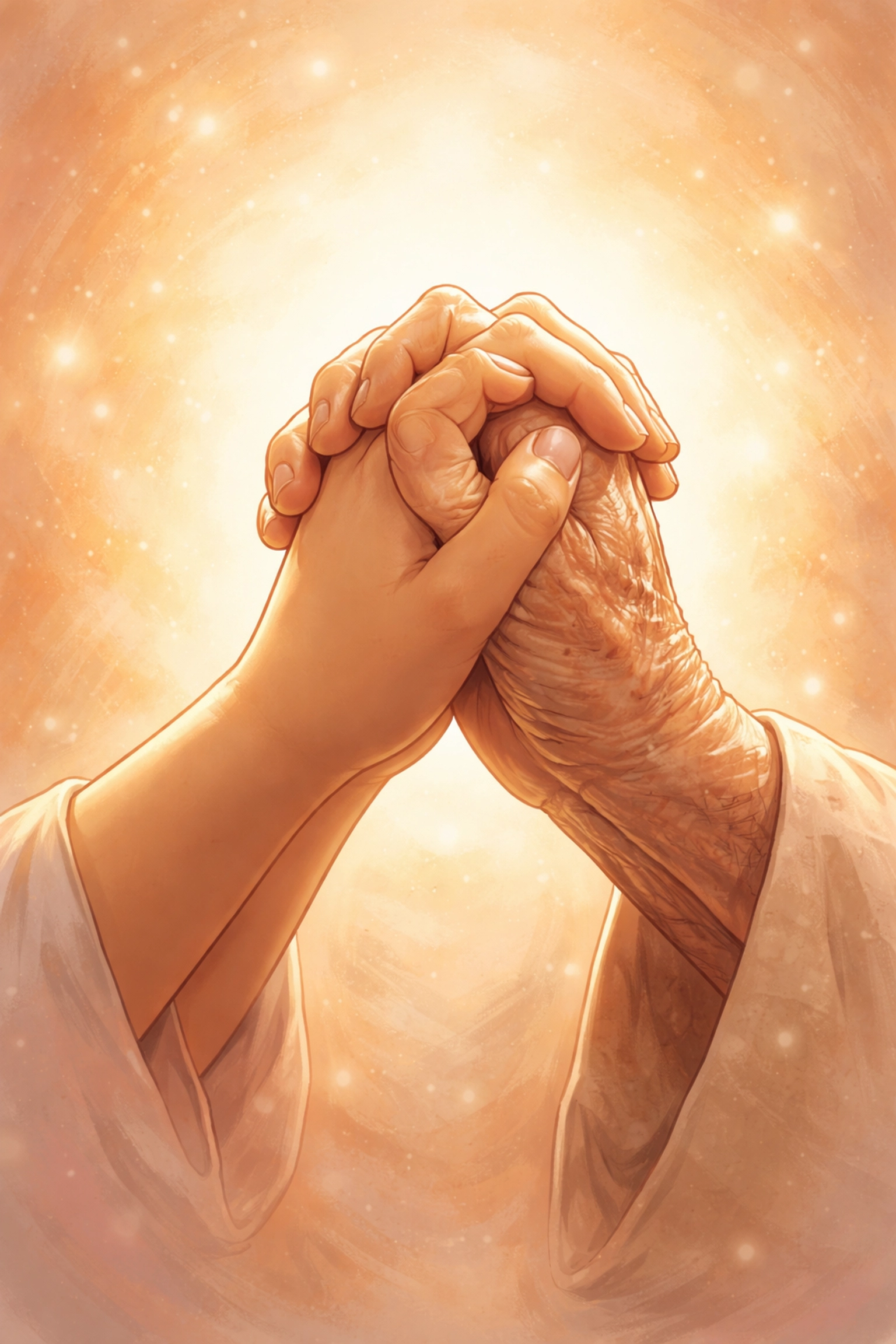 Two hands, one younger and one older, clasped in prayer, illustrating intergenerational faith for healing