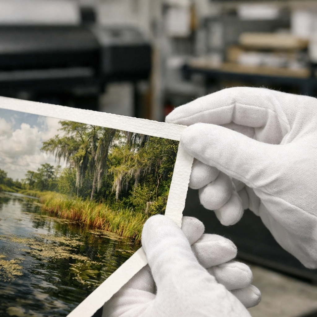 Hands in white gloves inspecting a high-quality archival print of the Florida Everglades in a professional lab.