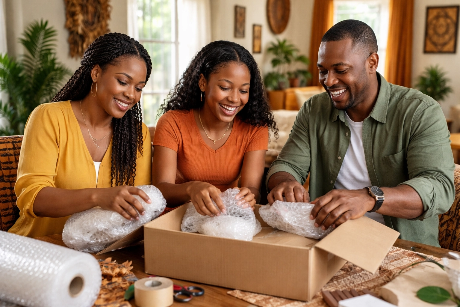 Nigerian-American family in Houston packing a shipping box for air freight to Lagos, showcasing international shipping connections