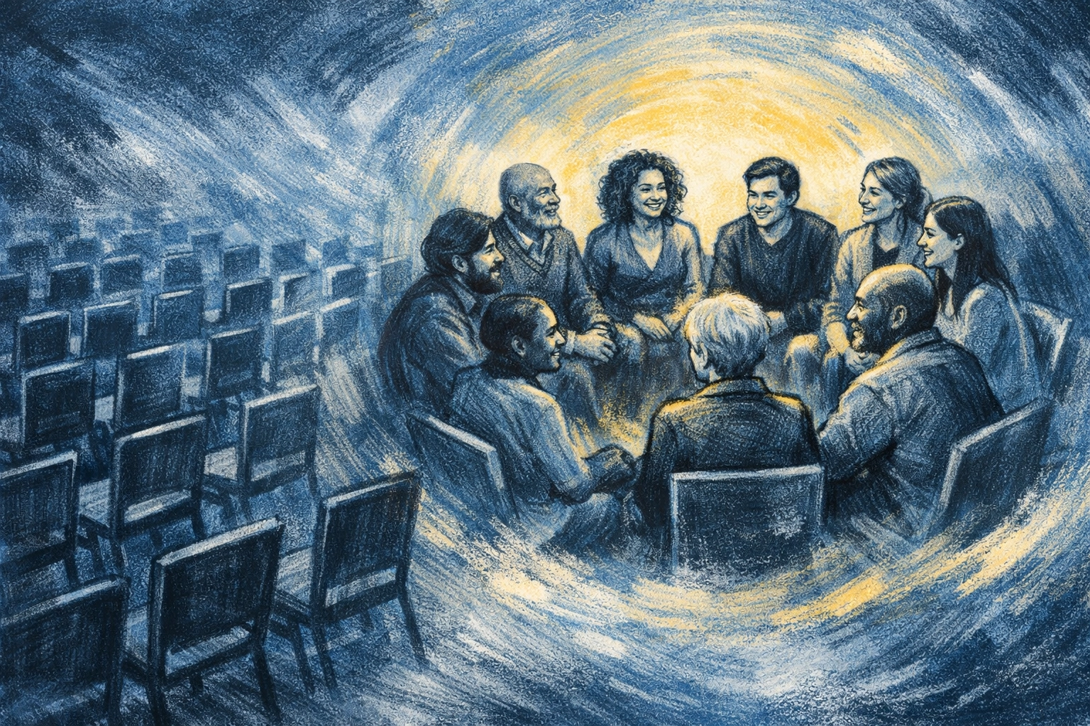 FA Memphis, First Assembly Memphis, Boundless Online Church, Memphis TN, 901, Cordova - Visual metaphor of rows transitioning into a circle of people for Life Groups community © FA Memphis