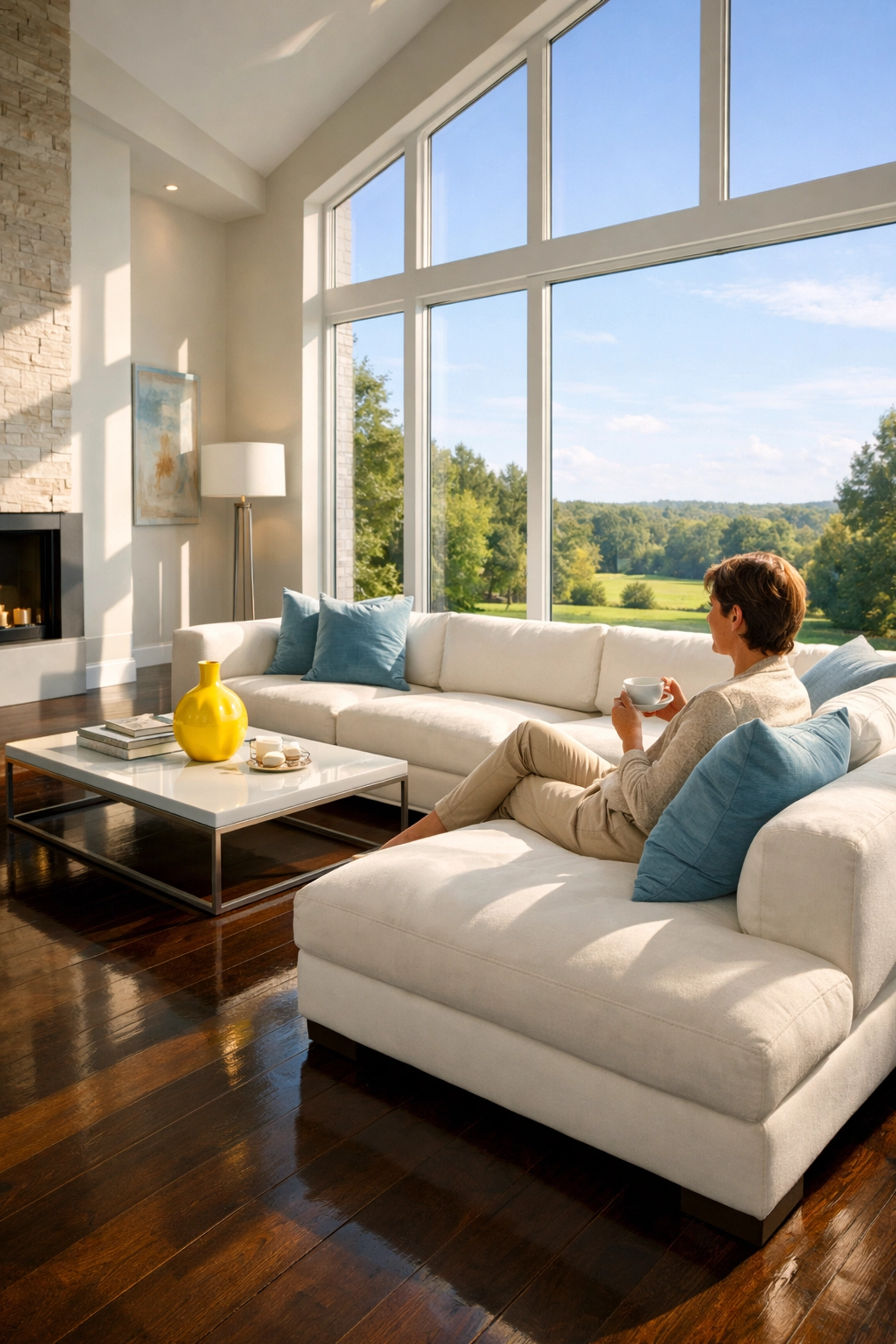 A stress-free home after house cleaning Westford MA with a person relaxing in a tidy living room.