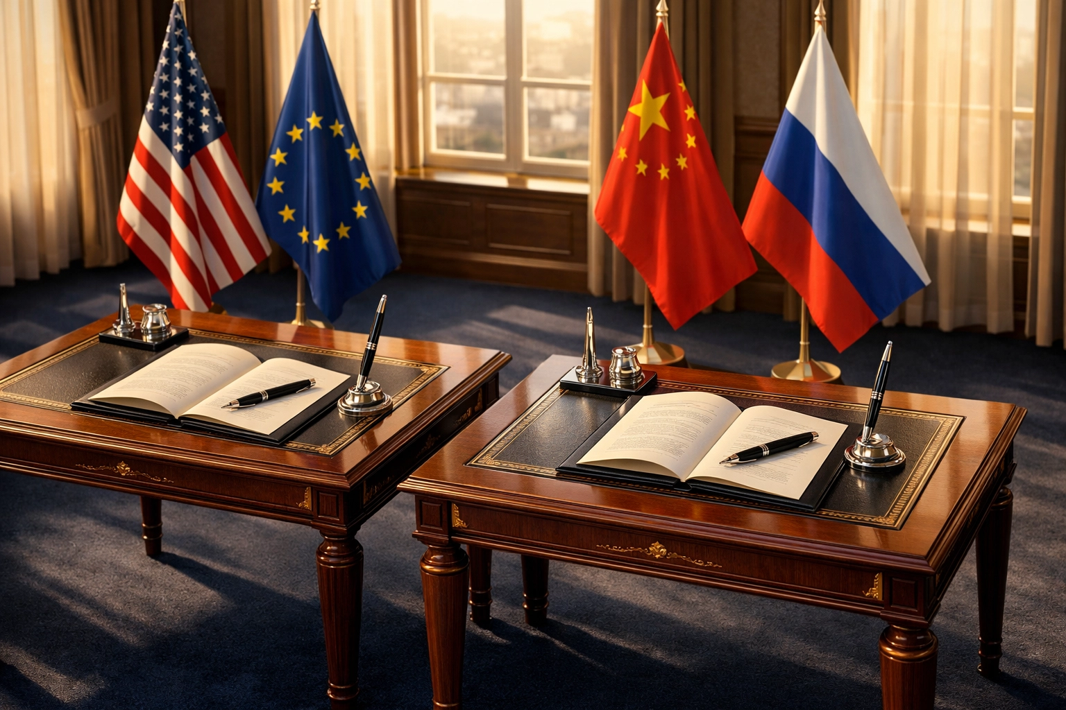Diplomatic signing tables with treaty documents and national flags representing peace agreements