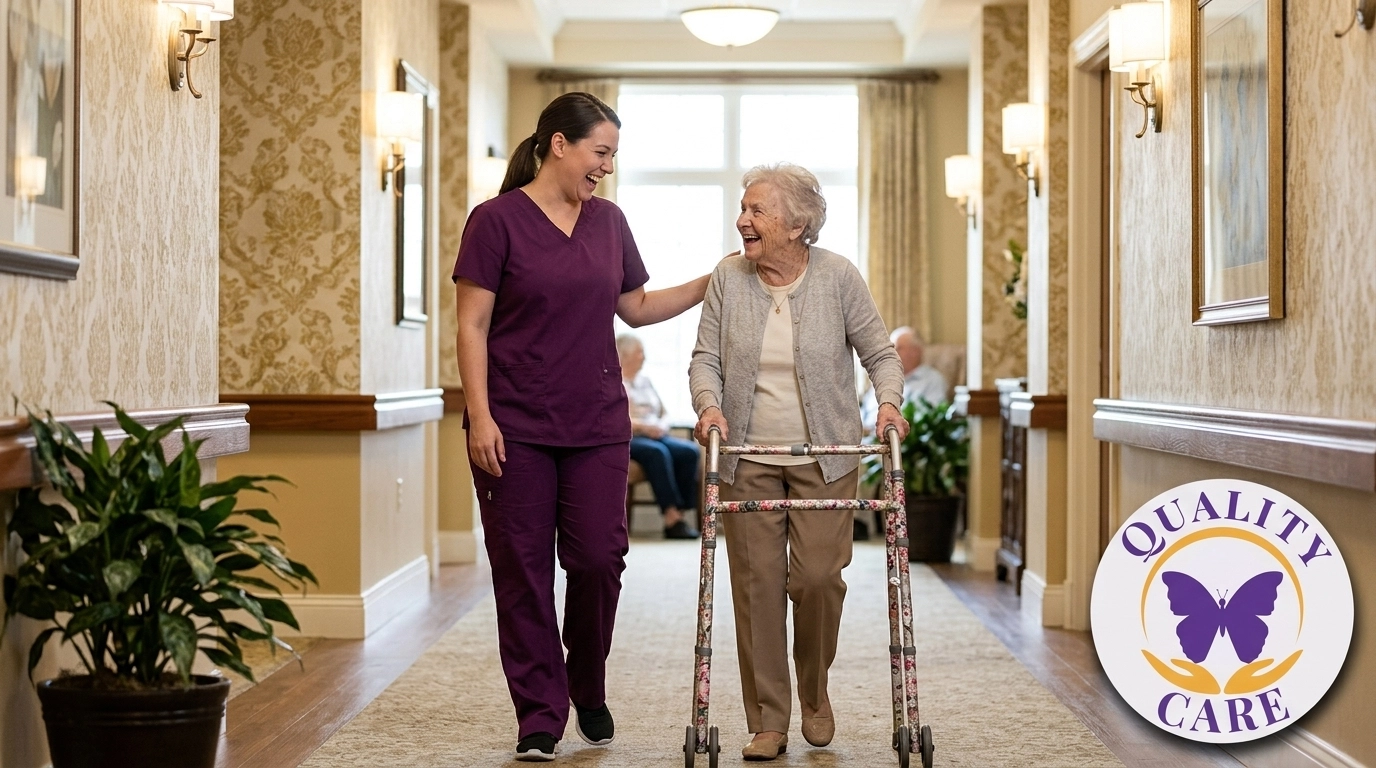 Caregiver and resident walking and laughing together