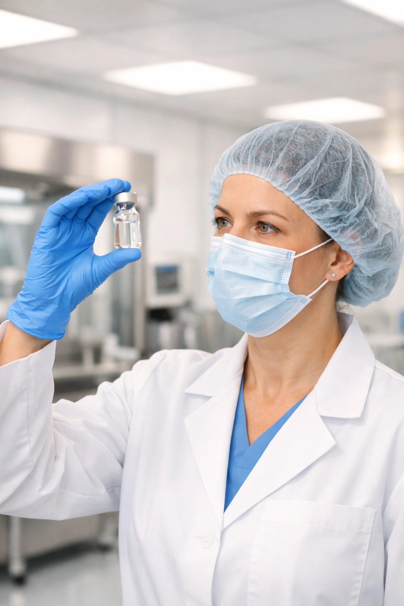 Pharmacist in a sterile lab reviewing a vial of compounded semaglutide for medical weight loss.