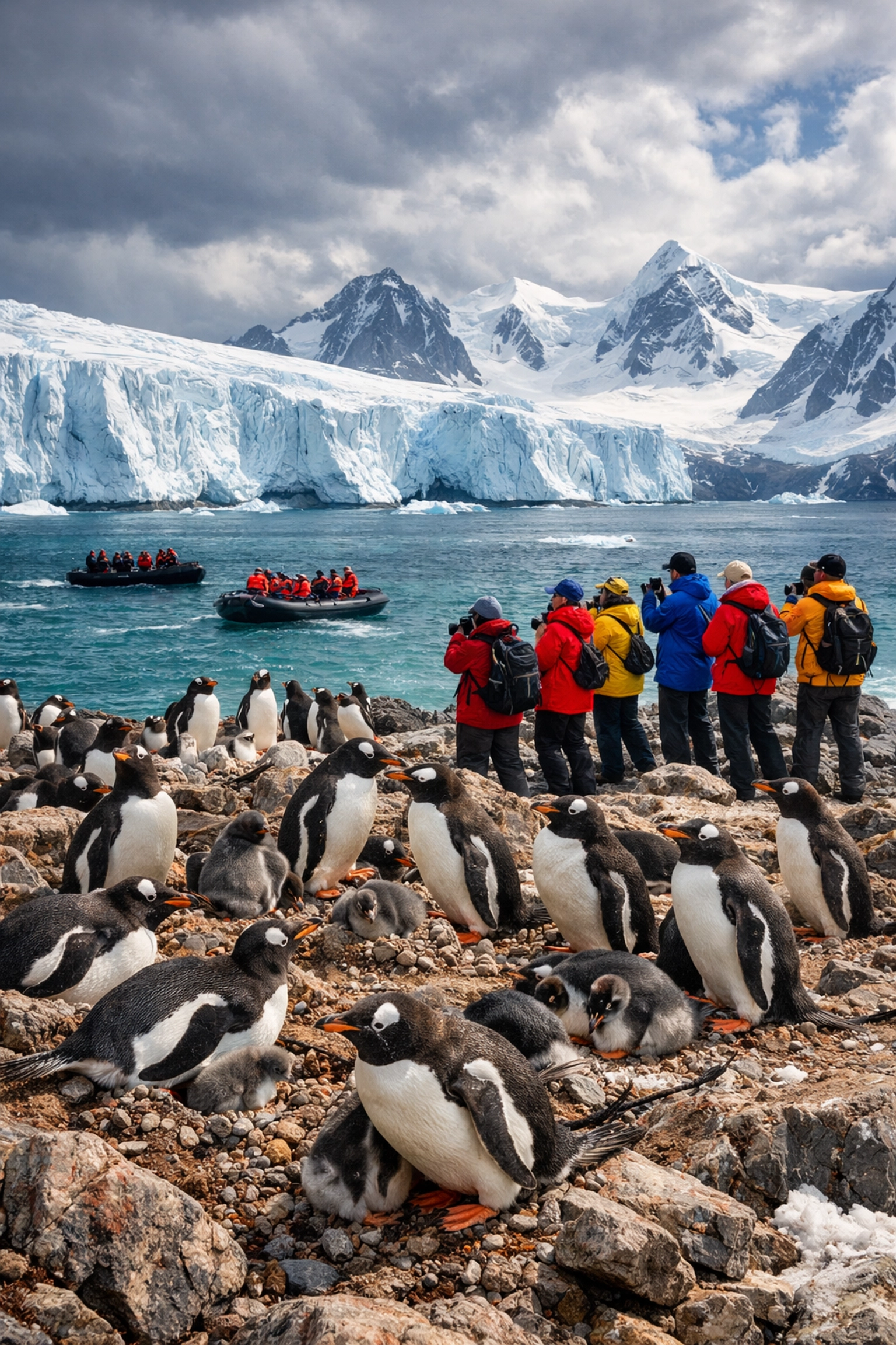 Gentoo penguin colony in Antarctica with luxury expedition tourists observing wildlife up close