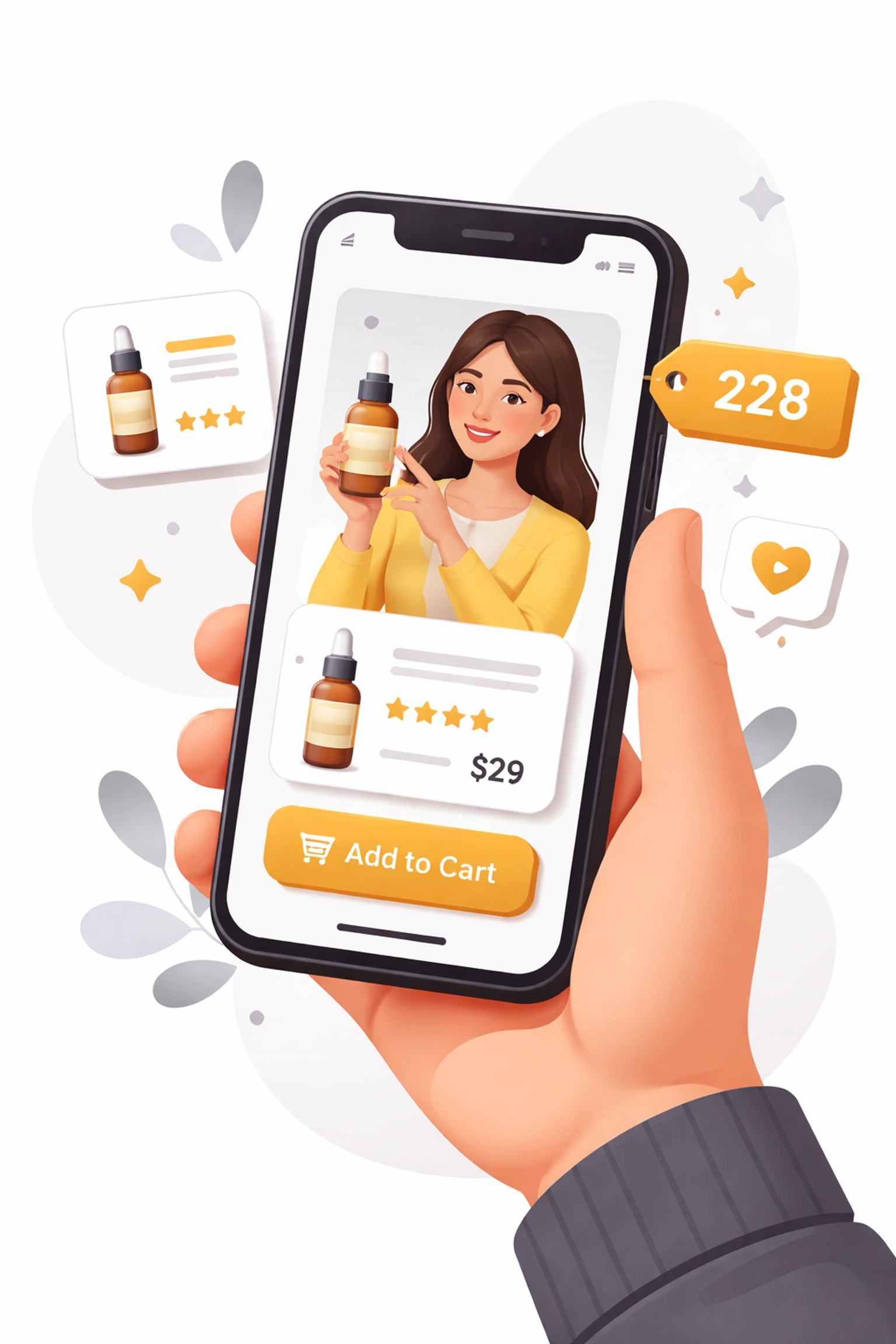 Vertical smartphone view showing in-video product demos and easy add-to-cart options for live shopping