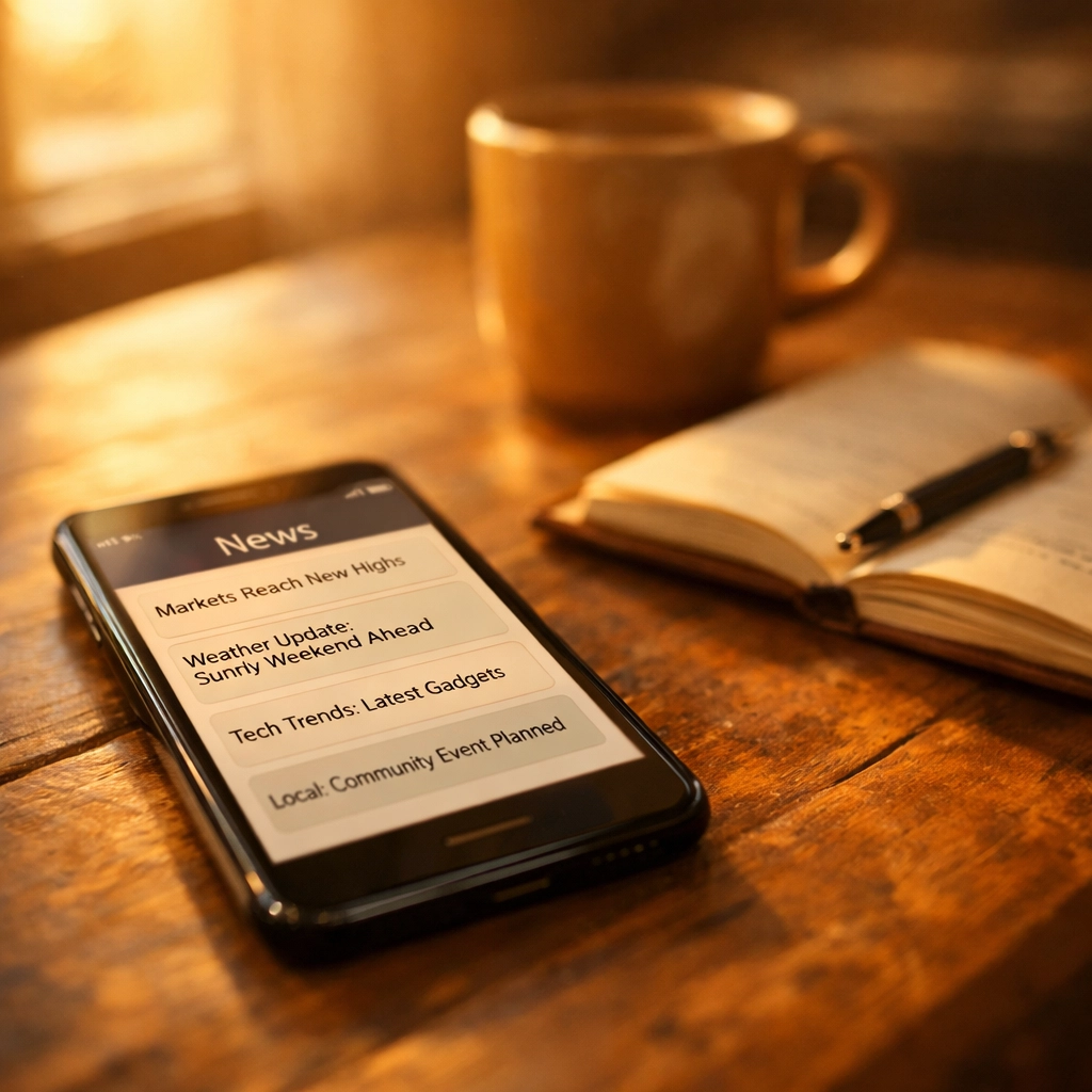 Smartphone displaying news headlines next to journal and coffee, representing mindful Christian news consumption