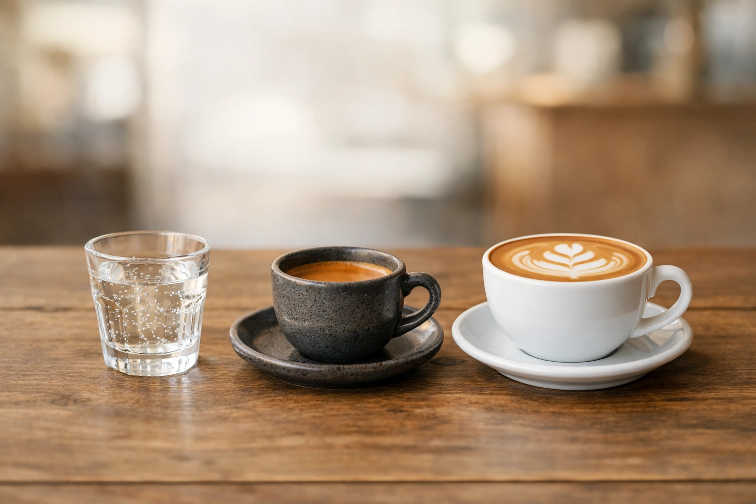 A focused coffee shop menu featuring classic espresso and a flat white with latte art on a rustic table.