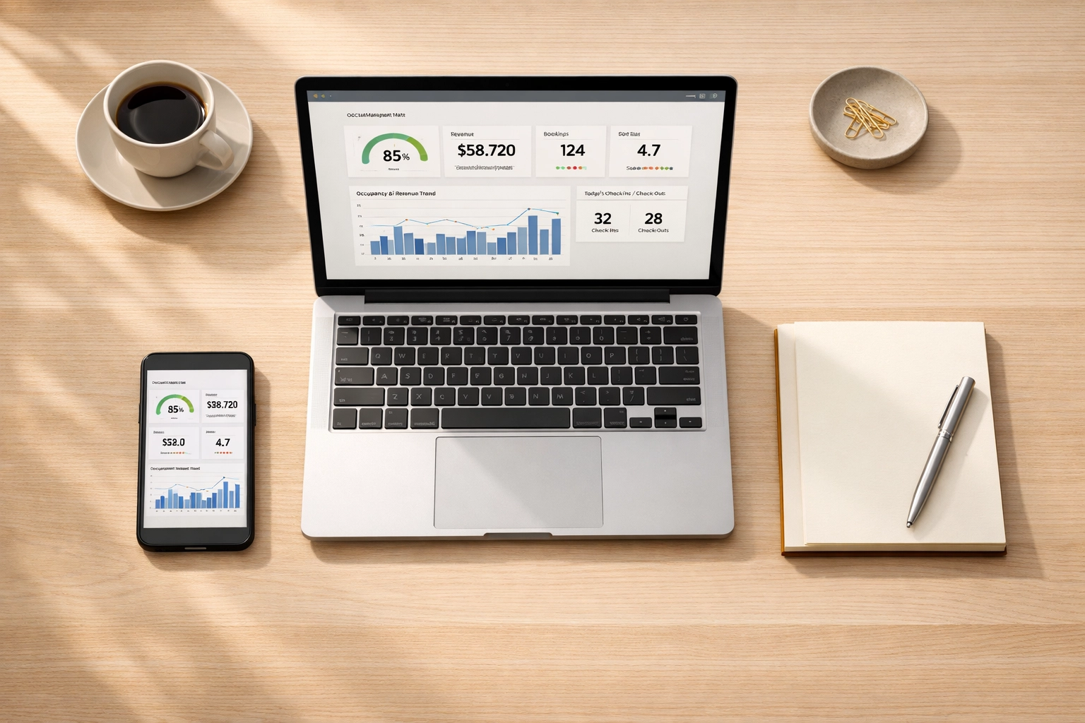 Hotel manager's workspace with synchronized devices and dashboards