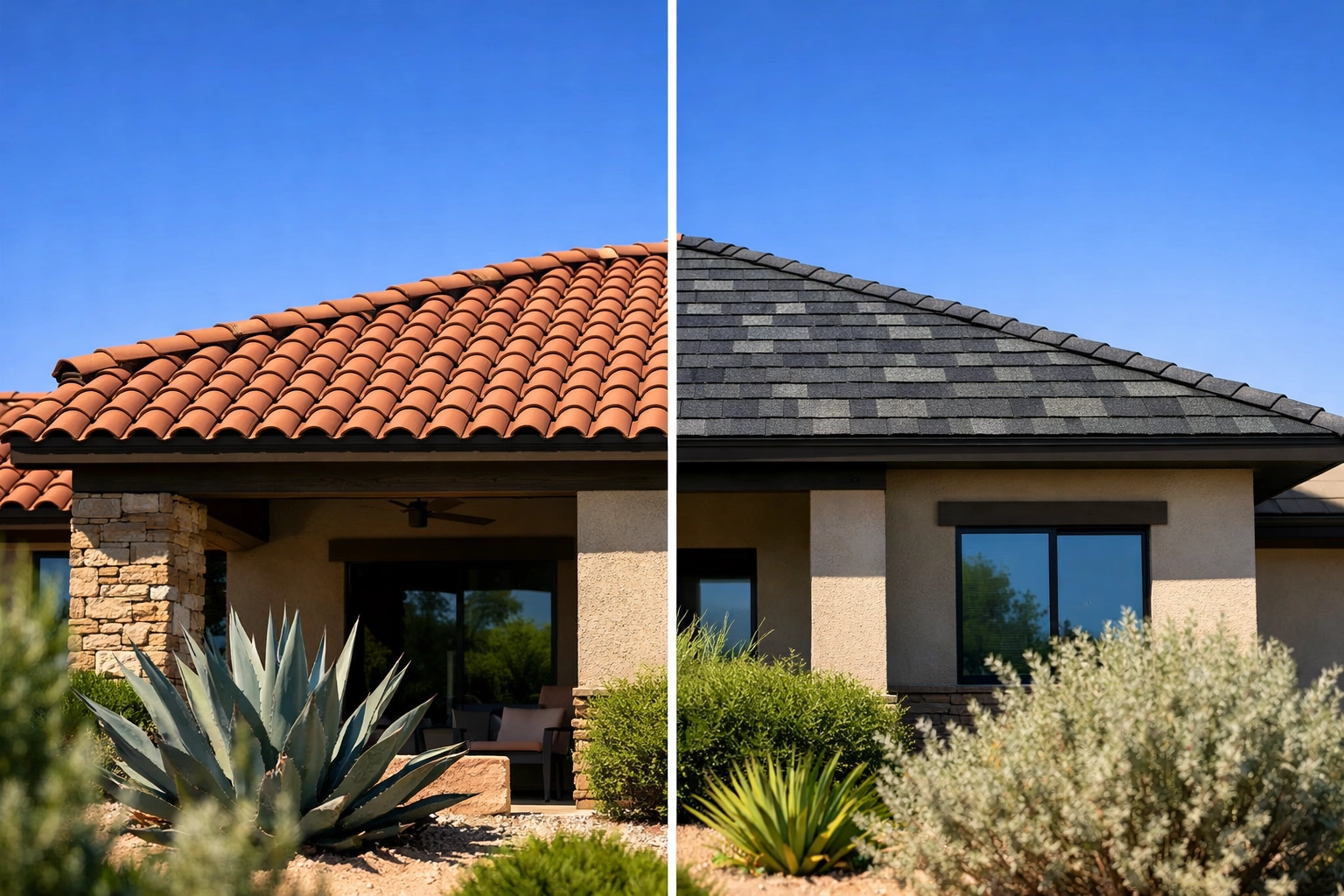 Shingle vs tile roofing comparison on a modern Mesa home showcasing regional style and durability.