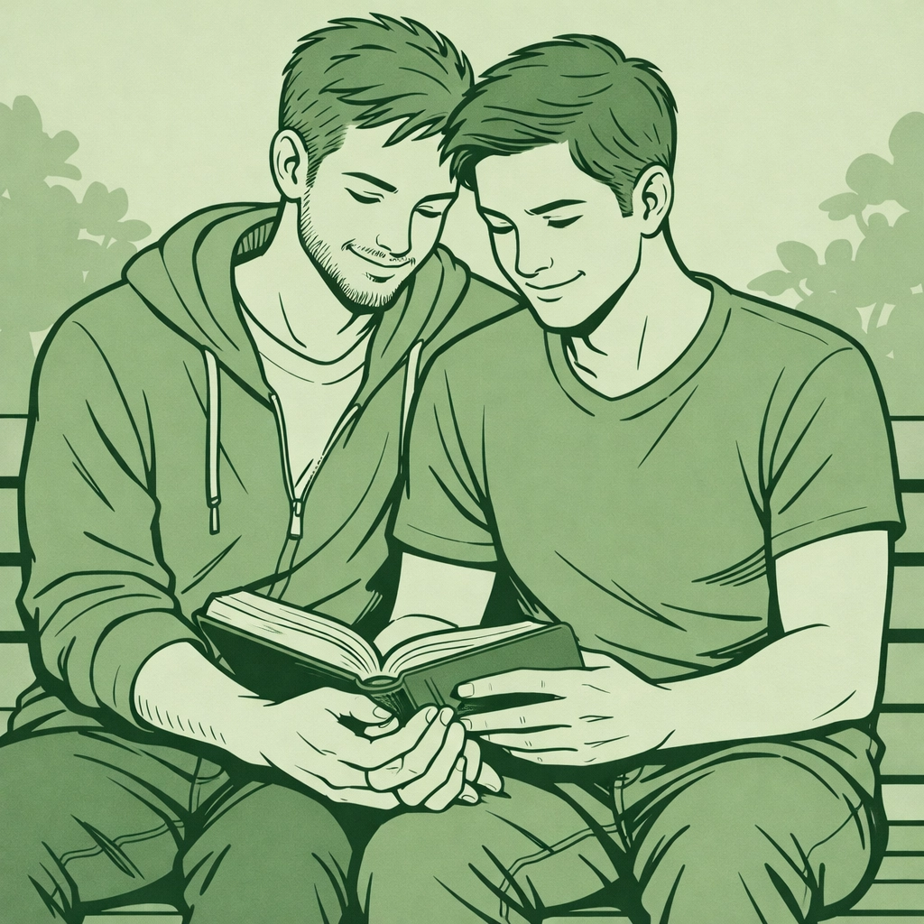 MM couple reading together on a bench, representing partnership and gay book club community.