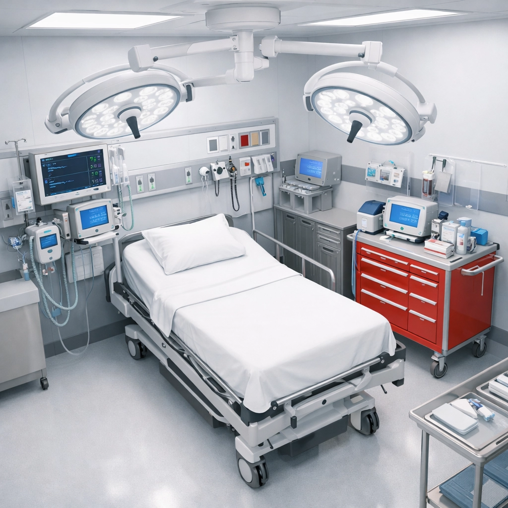 Organized trauma bay with medical equipment and monitoring systems for high-acuity patient care