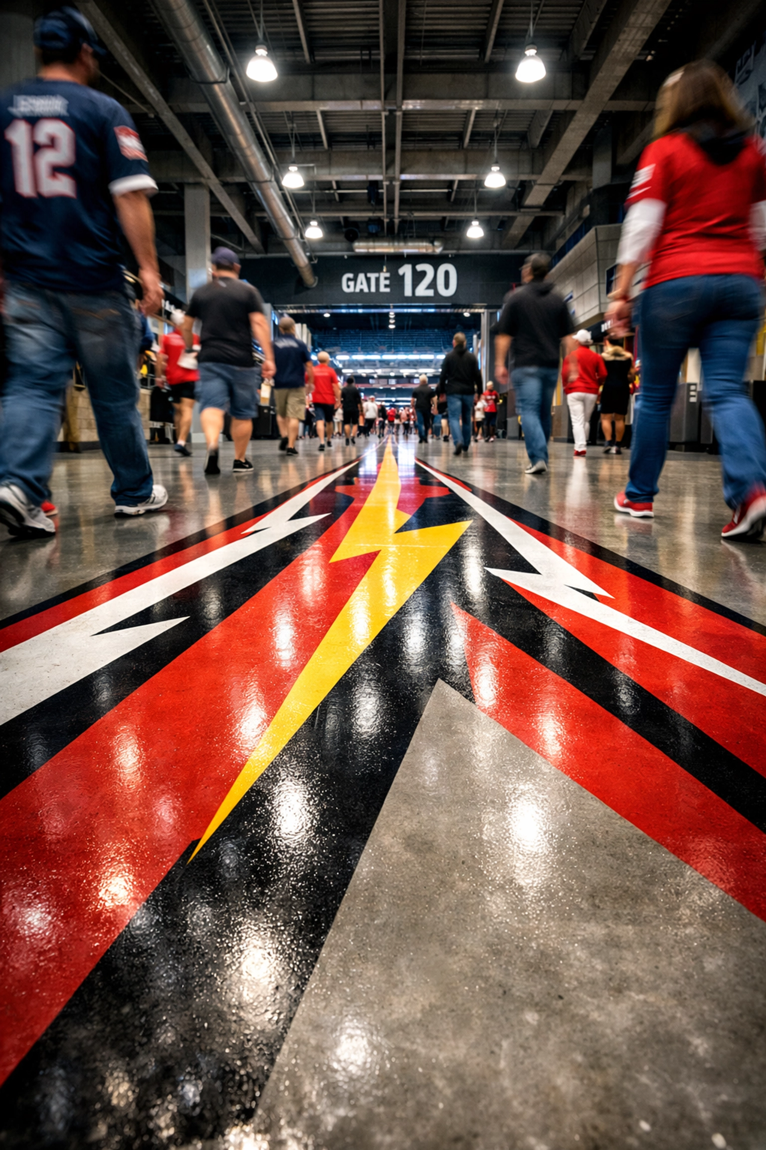 Large stadium floor graphics create an immersive advertising experience for fans in the concourse.
