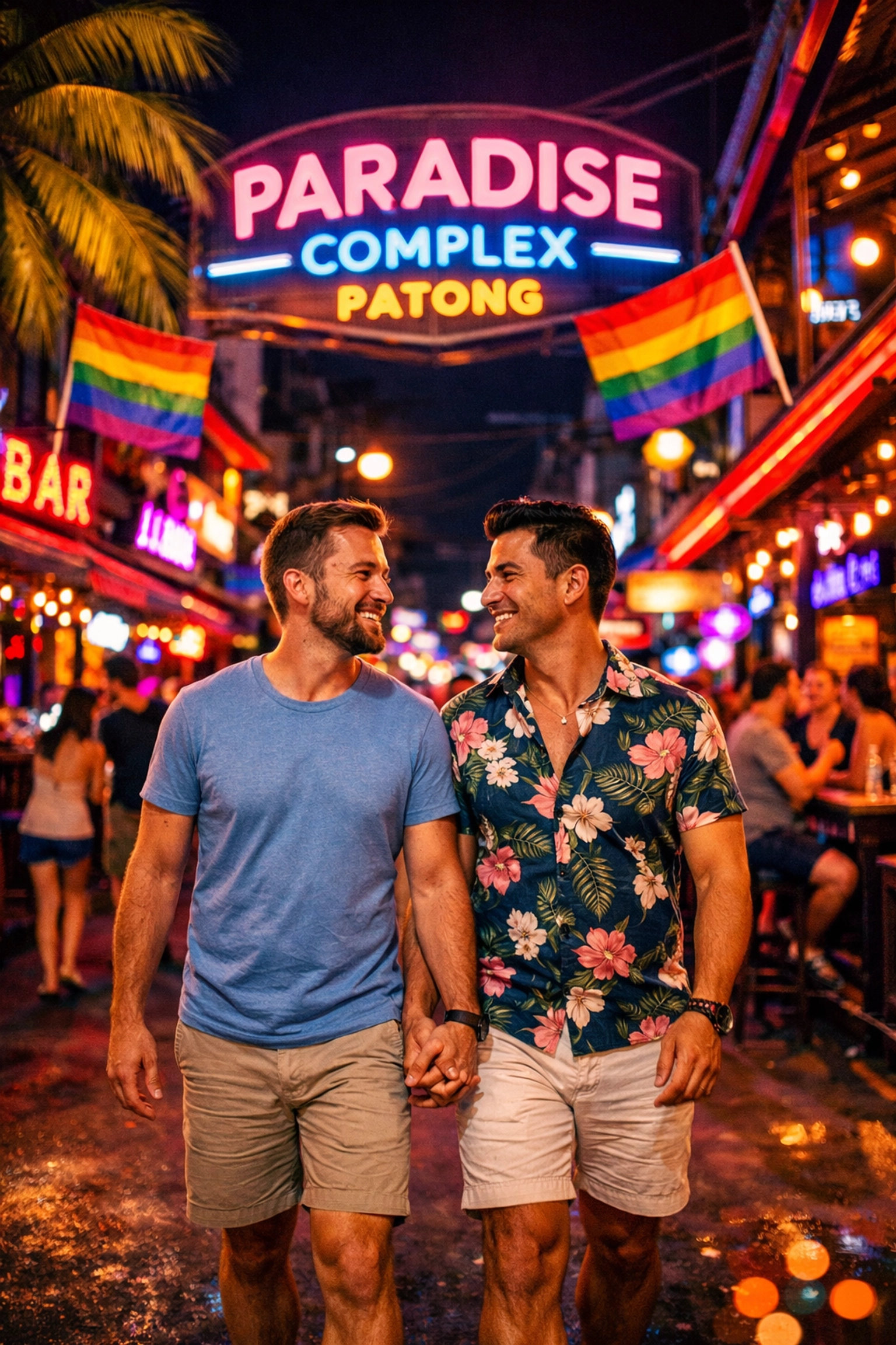 Gay couple exploring Patong's vibrant LGBTQ+ nightlife scene at Paradise Complex with rainbow flags
