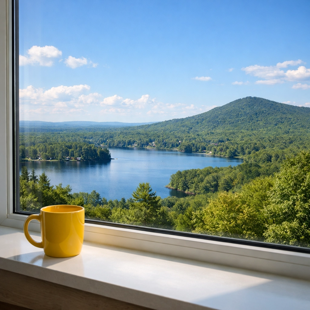 Clean window overlooking Ashburnham landscape showing peace of mind with house cleaning Ashburnham MA.