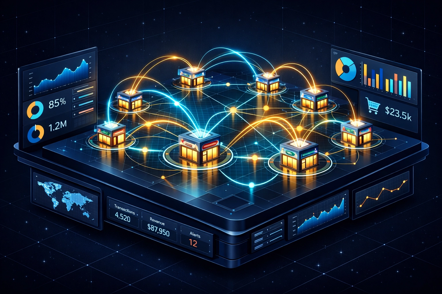 Multi-location retail management dashboard showing connected stores on Larecoin network