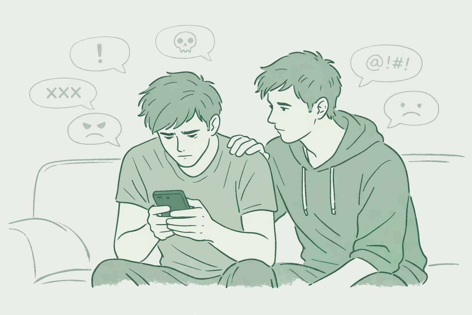 Gay couple facing online harassment together, one comforting partner holding phone