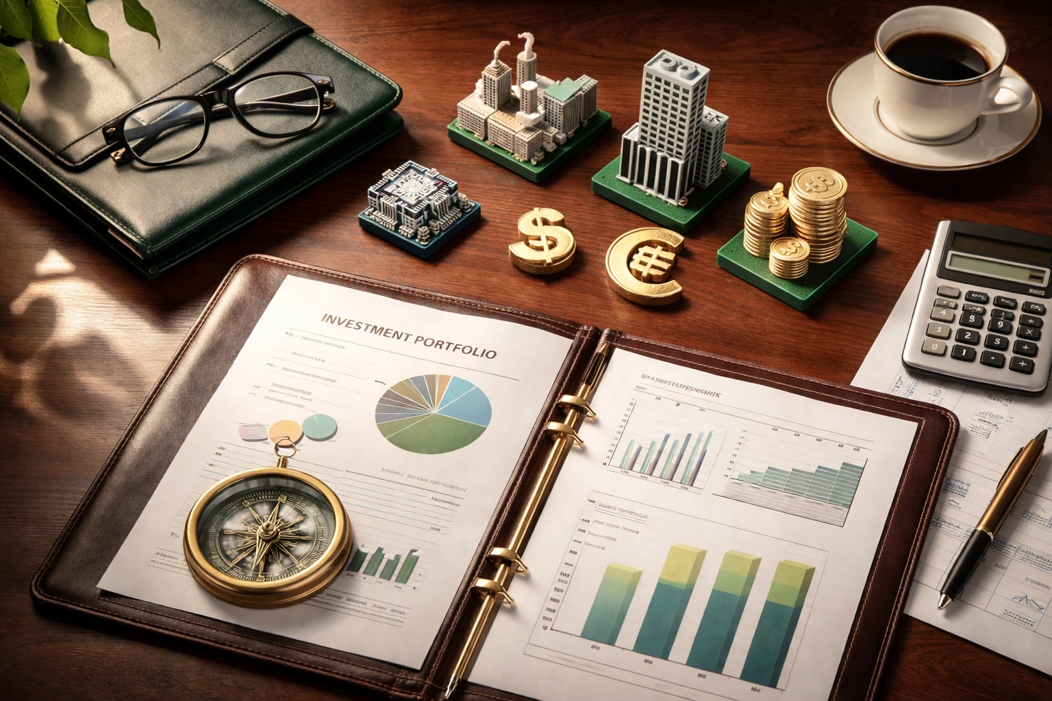 Diversified investment assets represented on a polished desk, highlighting the importance of asset allocation for accredited investors